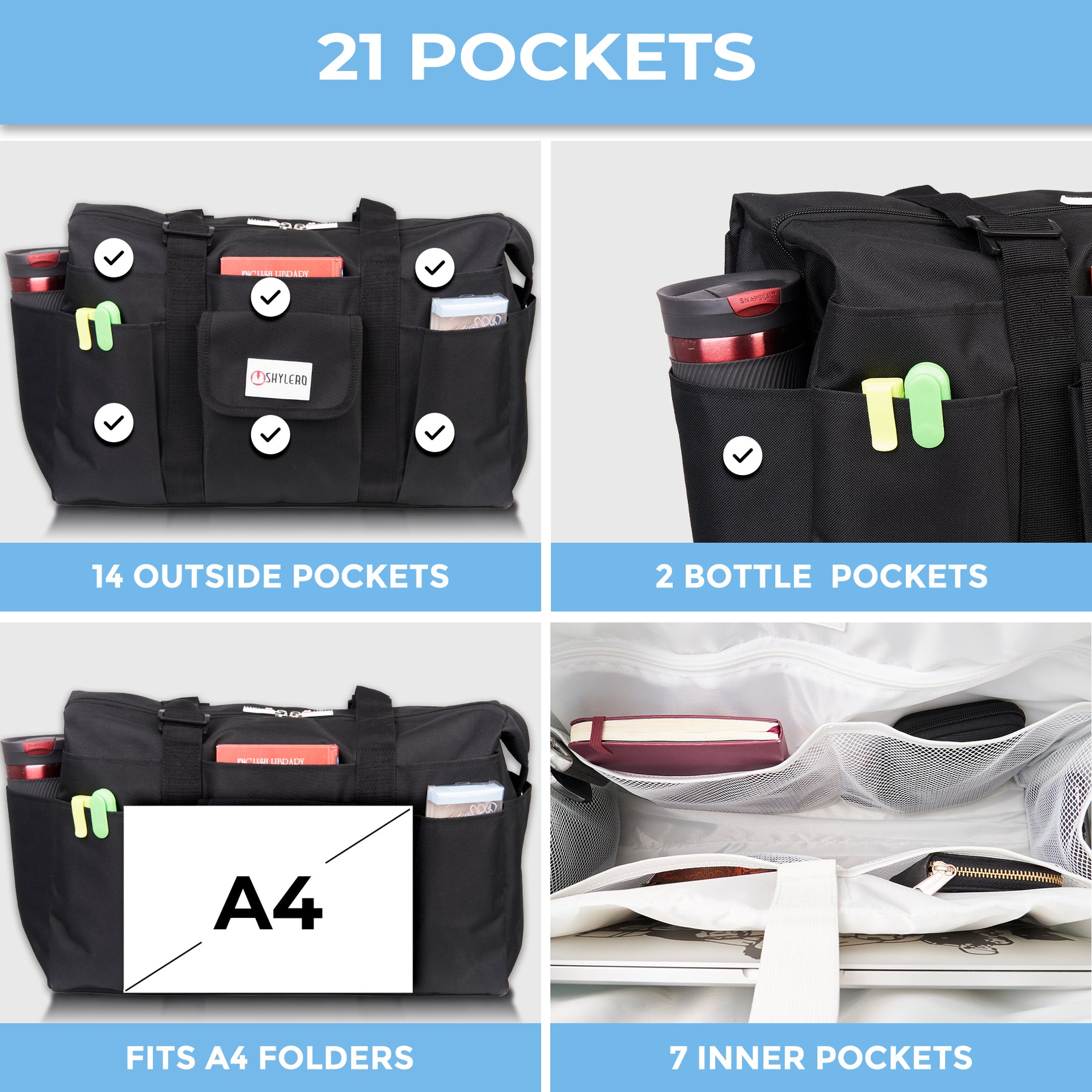Nurse Bag and Utility Tote | Waterproof | Top YKK® Zip | L18" x H14" x W7" (46x18x36cm) | Solid Black