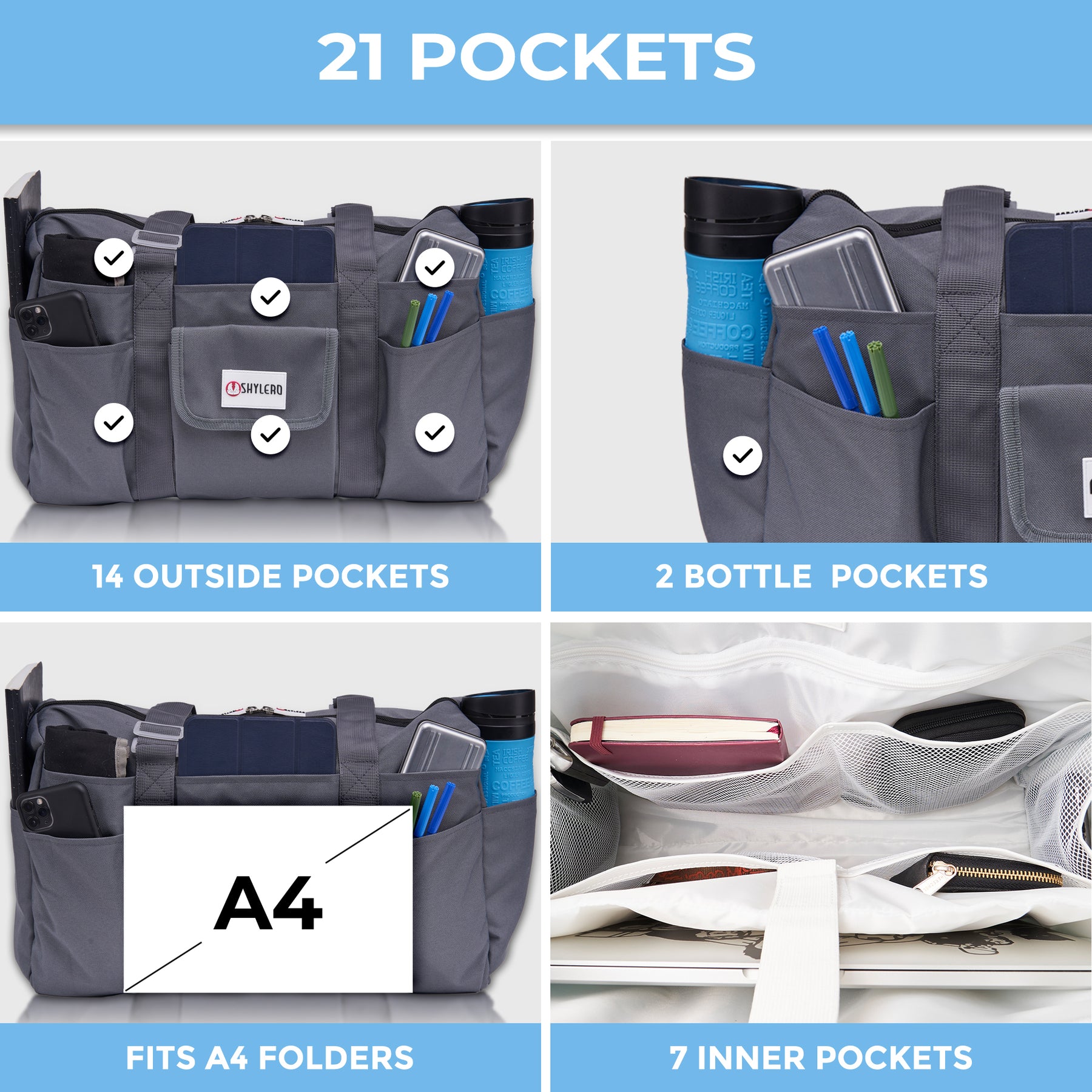 Nurse Bag and Utility Tote | Waterproof | Top YKK® Zip | L18" x H14" x W7" (46x18x36cm) | Solid Grey