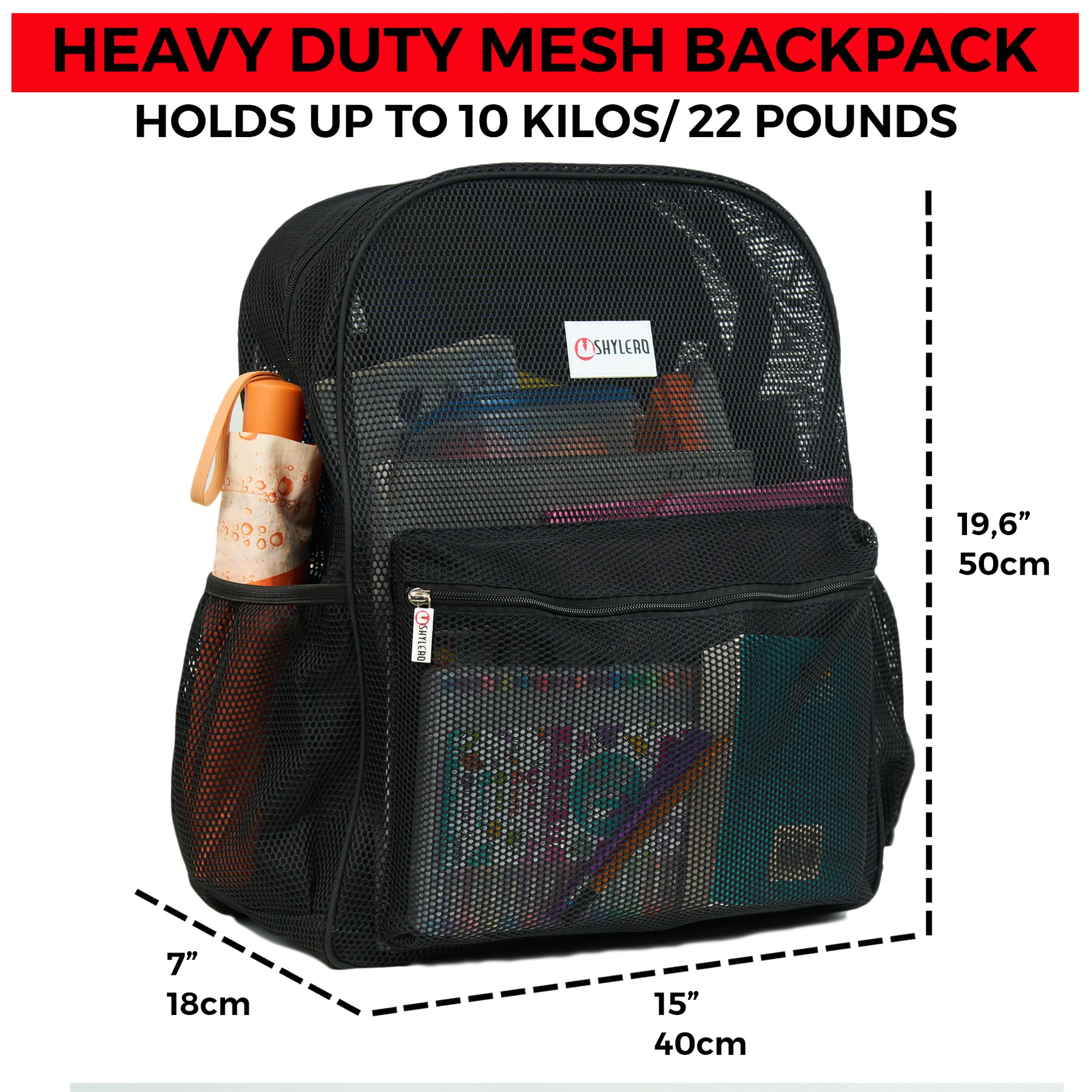Mesh Backpack XXL (36 L) | Lightweight Heavy-Duty Clear Backpack | Reinforced 3D Mesh | H19.6" x W15" x D7" | Black Armadillo