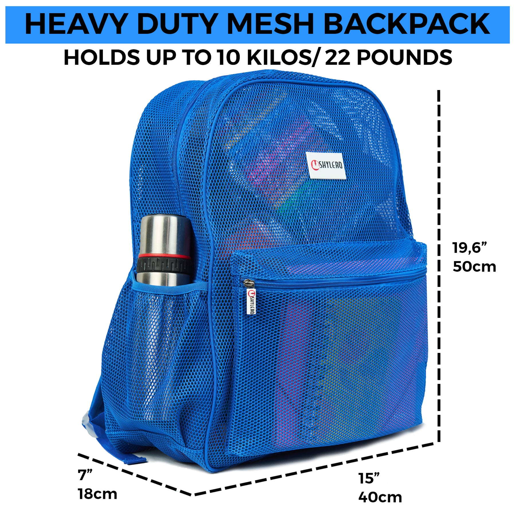 Mesh Backpack XXL (36 L) | Lightweight Heavy-Duty Clear Backpack | Reinforced 3D Mesh | H19.6" x W15" x D7" | Blue Armadillo