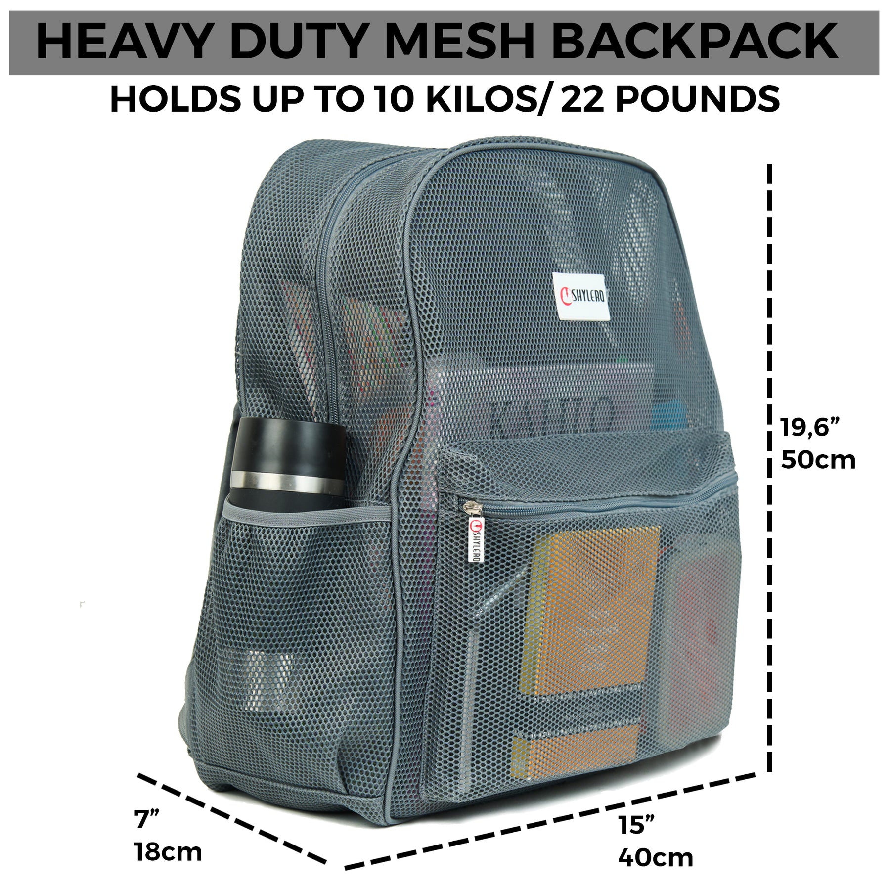 Mesh Backpack XXL (36 L) | Lightweight Heavy-Duty Clear Backpack | Reinforced 3D Mesh | H19.6" x W15" x D7" | Grey Armadillo