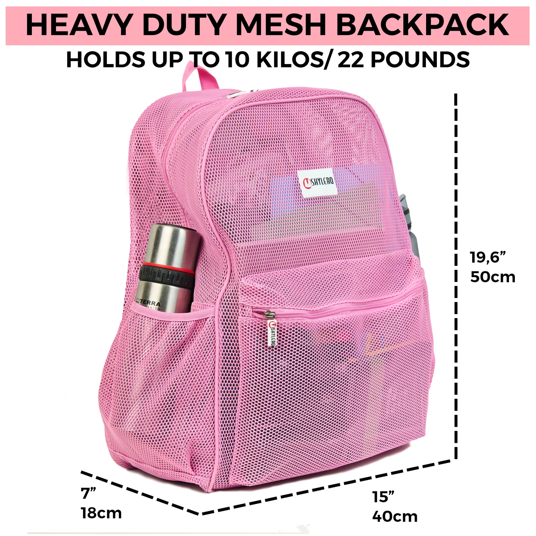Mesh Backpack XXL (36 L) | Lightweight Heavy-Duty Clear Backpack | Reinforced 3D Mesh | H19.6" x W15" x D7" | Pink Armadillo