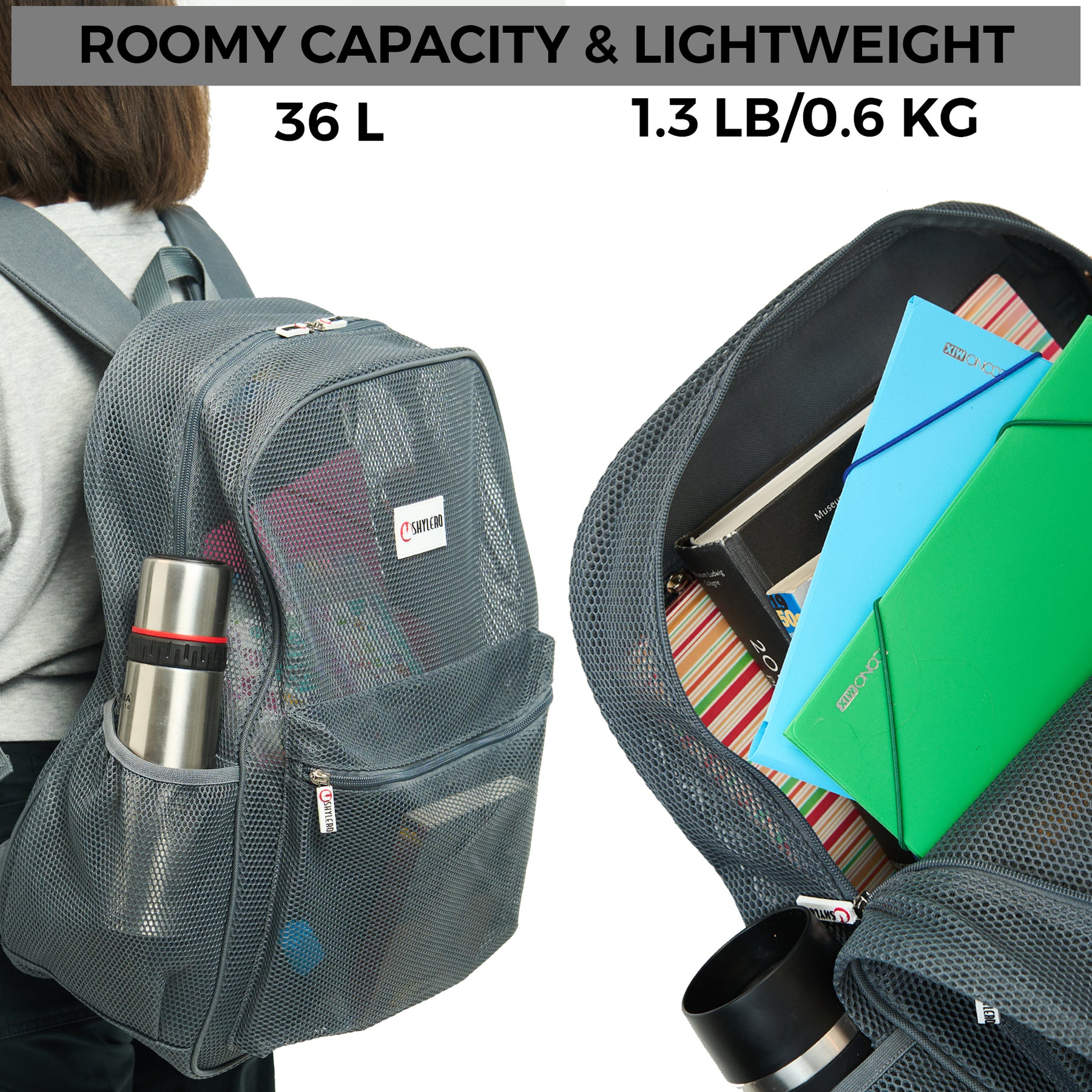 Mesh Backpack XXL (36 L) | Lightweight Heavy-Duty Clear Backpack | Reinforced 3D Mesh | H19.6" x W15" x D7" | Grey Armadillo