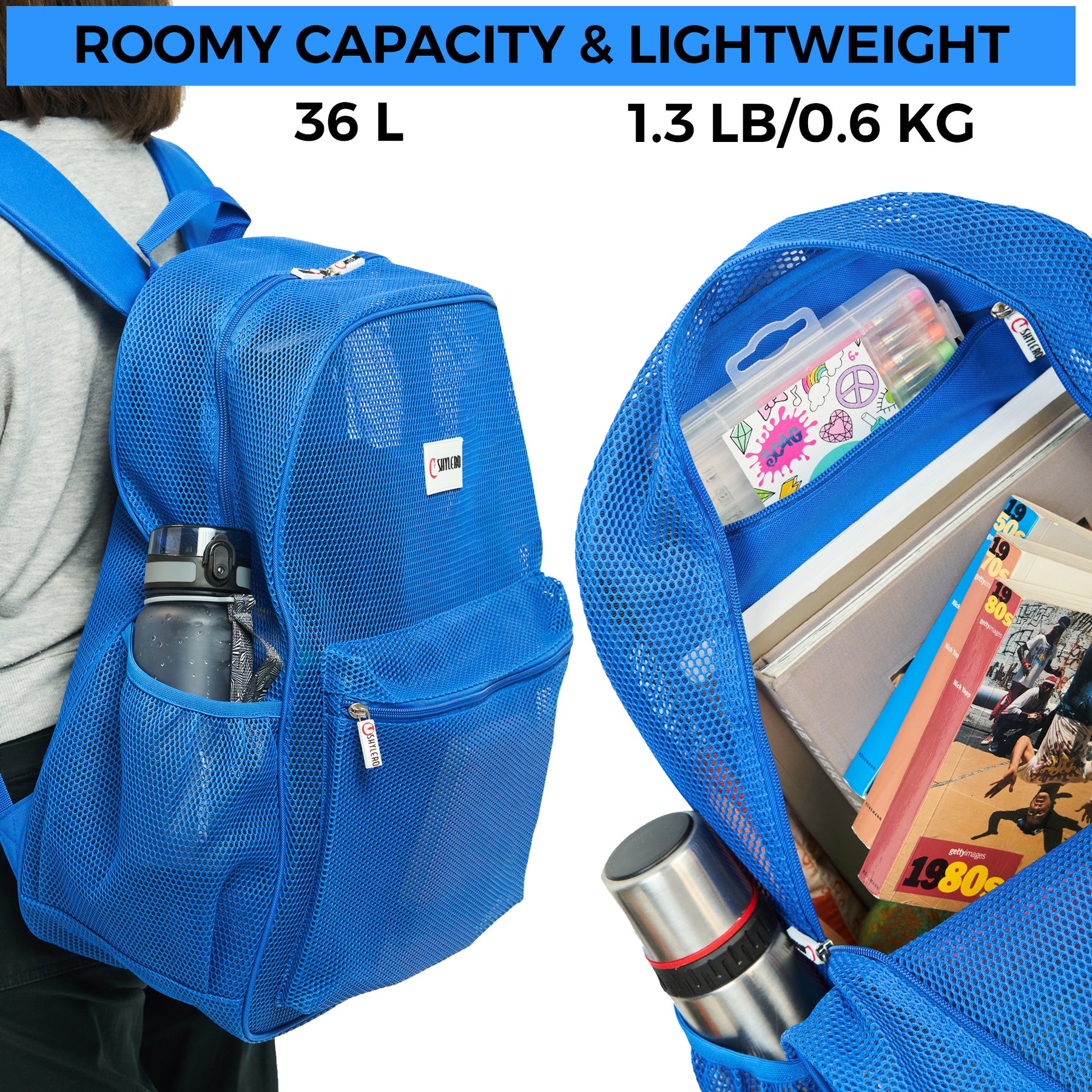 Mesh Backpack XXL (36 L) | Lightweight Heavy-Duty Clear Backpack | Reinforced 3D Mesh | H19.6" x W15" x D7" | Blue Armadillo