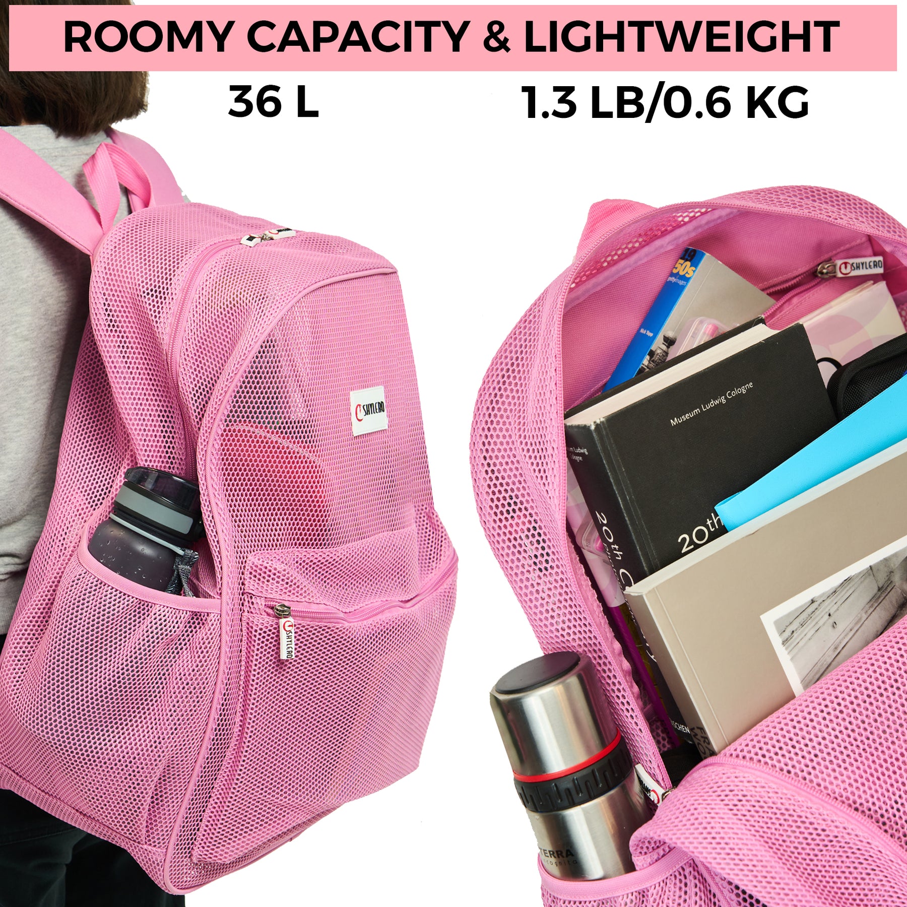 Mesh Backpack XXL (36 L) | Lightweight Heavy-Duty Clear Backpack | Reinforced 3D Mesh | H19.6" x W15" x D7" | Pink Armadillo