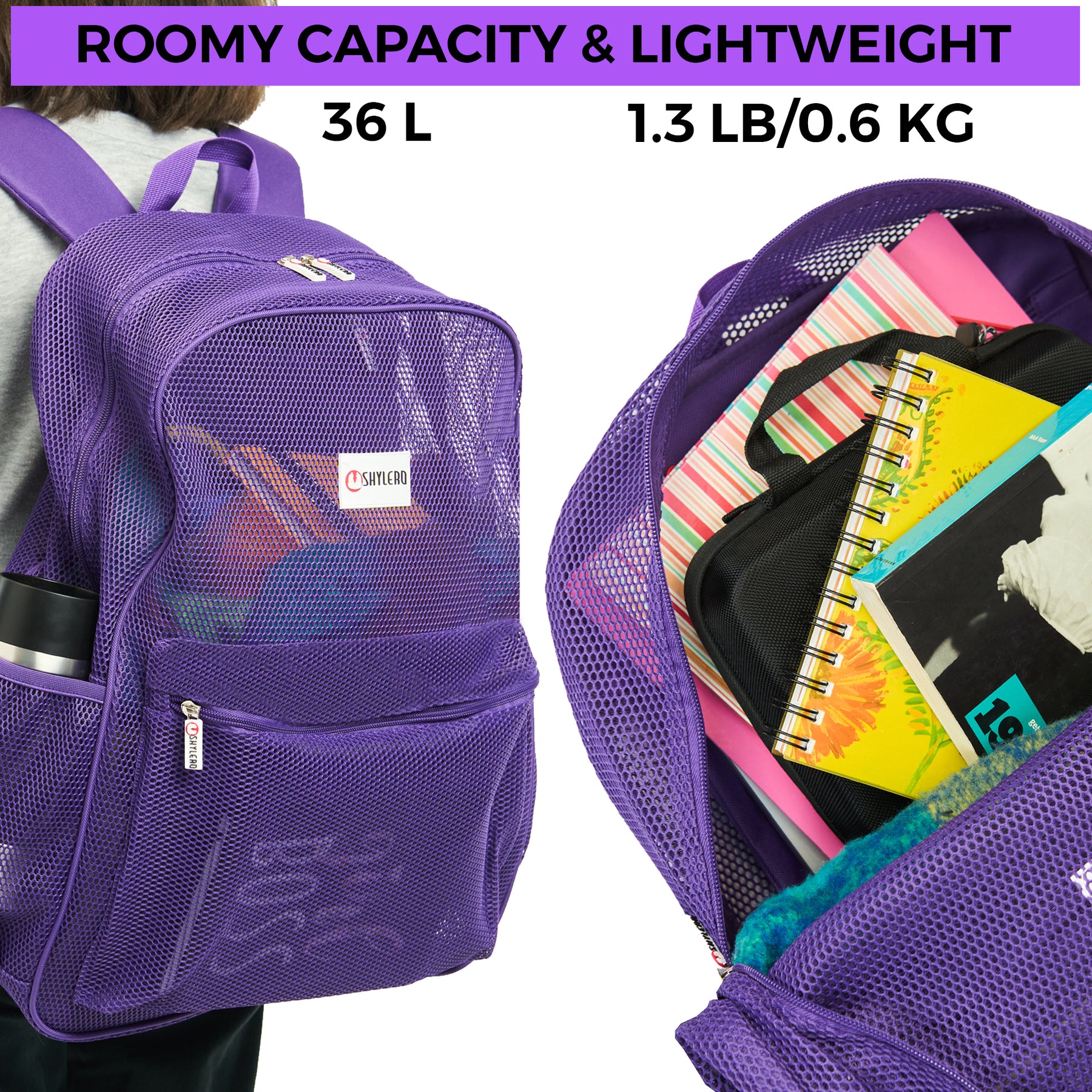 Mesh Backpack XXL (36 L) | Lightweight Heavy-Duty Clear Backpack | Reinforced 3D Mesh | H19.6" x W15" x D7" | Violet Armadillo
