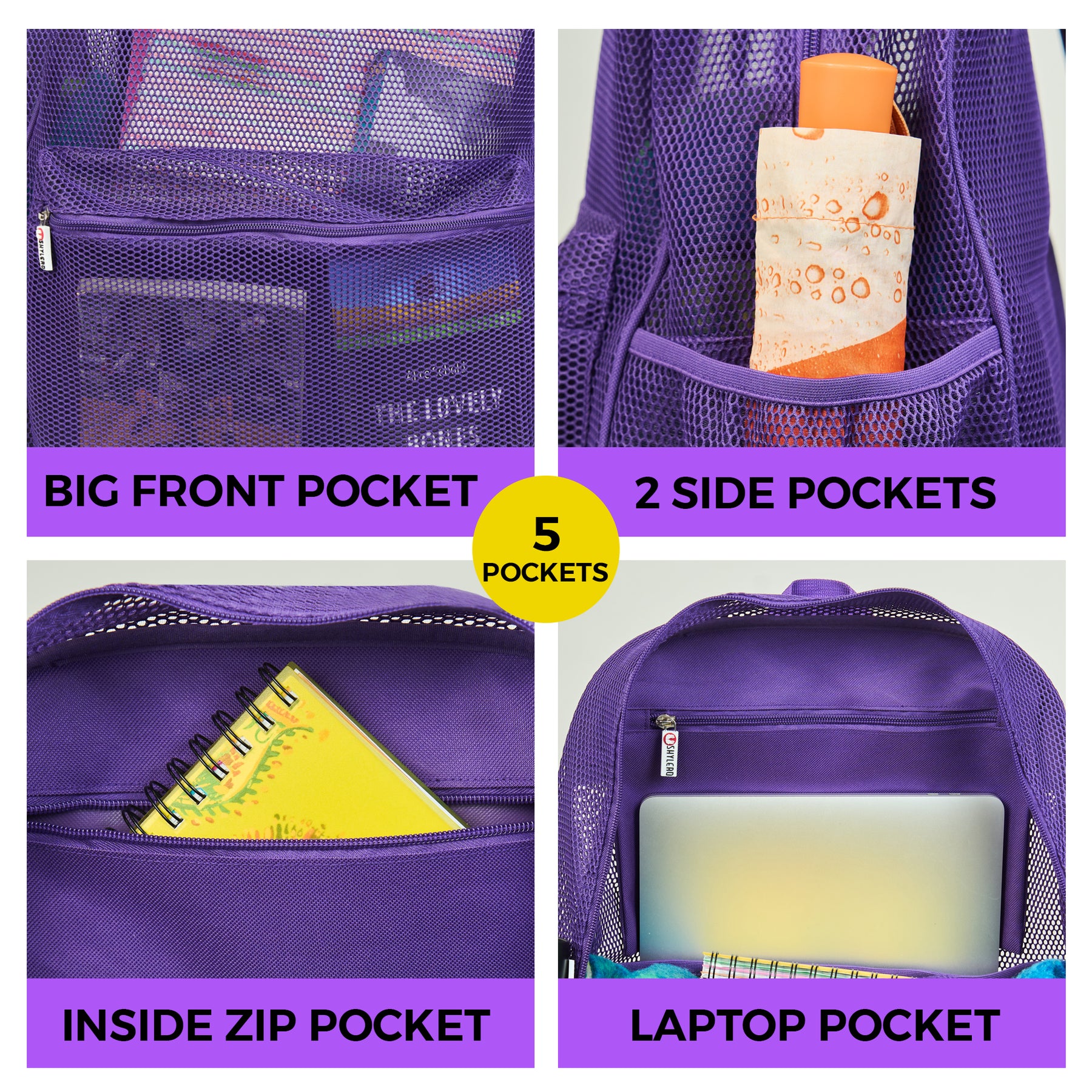 Mesh Backpack XXL (36 L) | Lightweight Heavy-Duty Clear Backpack | Reinforced 3D Mesh | H19.6" x W15" x D7" | Violet Armadillo