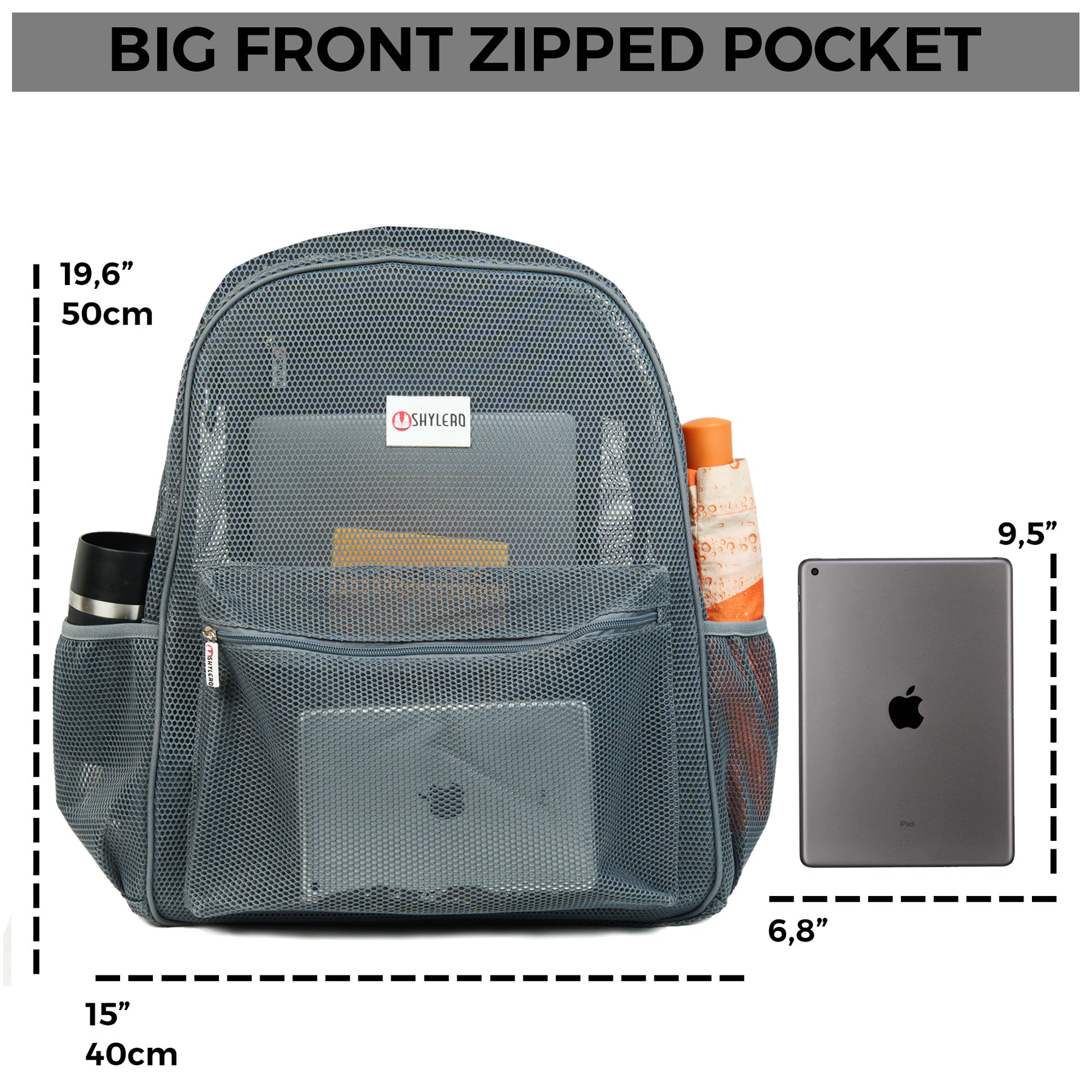 Mesh Backpack XXL (36 L) | Lightweight Heavy-Duty Clear Backpack | Reinforced 3D Mesh | H19.6" x W15" x D7" | Grey Armadillo