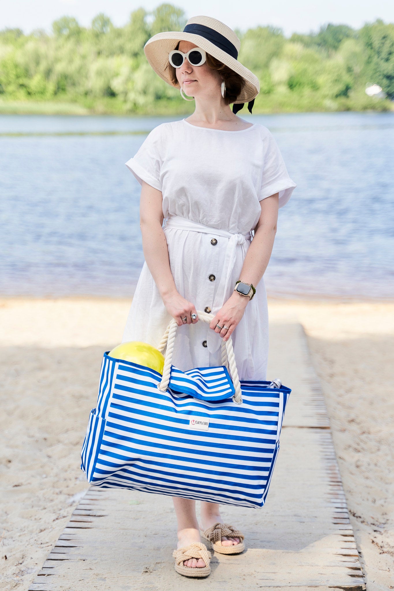 Beach Bag and Pool Bag | Water Repellent | Top Magnet | Family Size XXL | L22" x H15" x W6" | Bright Blue Dolphin