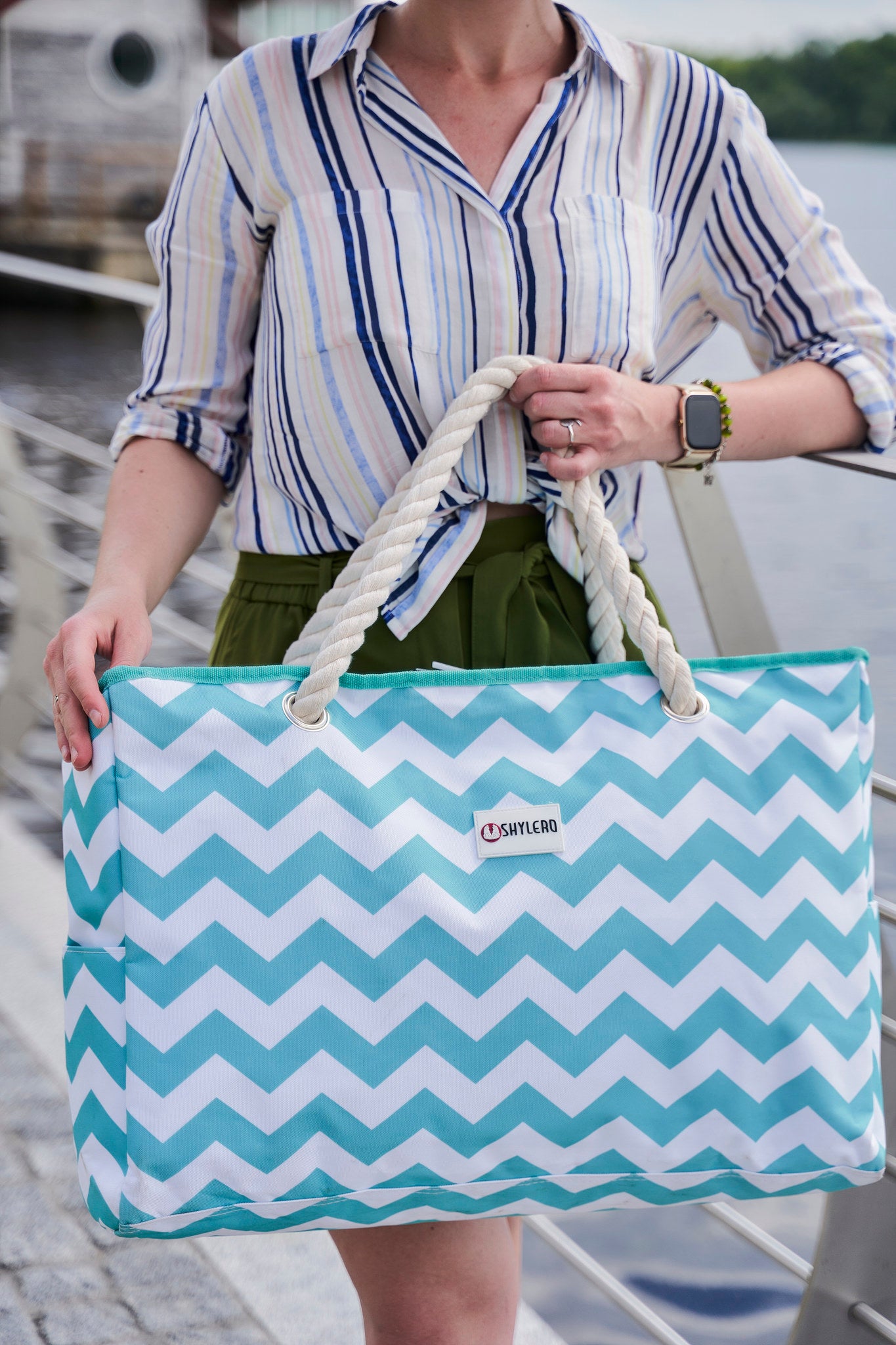 Beach Bag and Pool Bag | Water Repellent | Top YKK® Zip | Family Size | L22" x H15" x W6" | Turquoise Green Turtle
