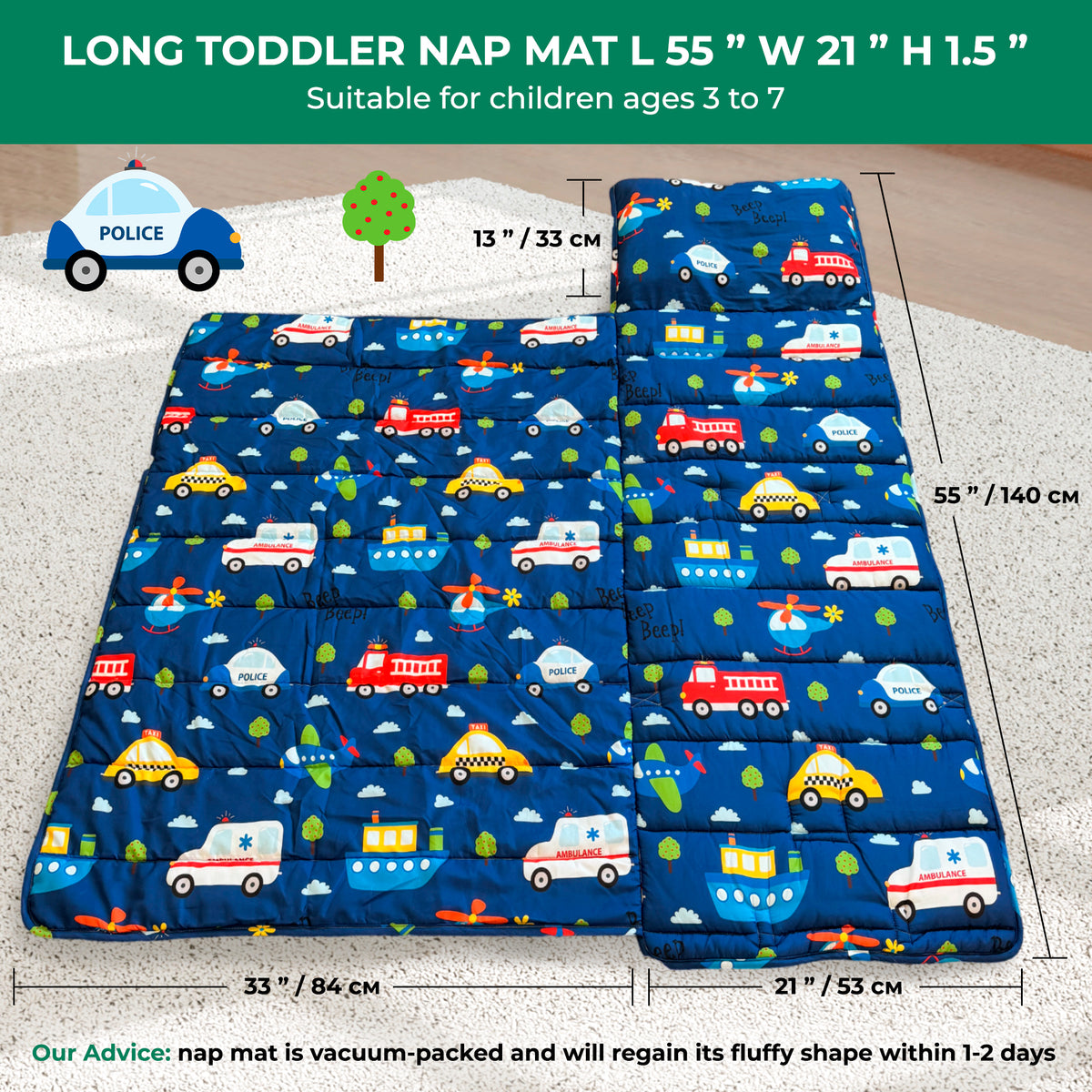 Toddler Nap Mat with Removable Pillow, Wide Blanket | 55" х 21" | Age 3-7 | Little Cars