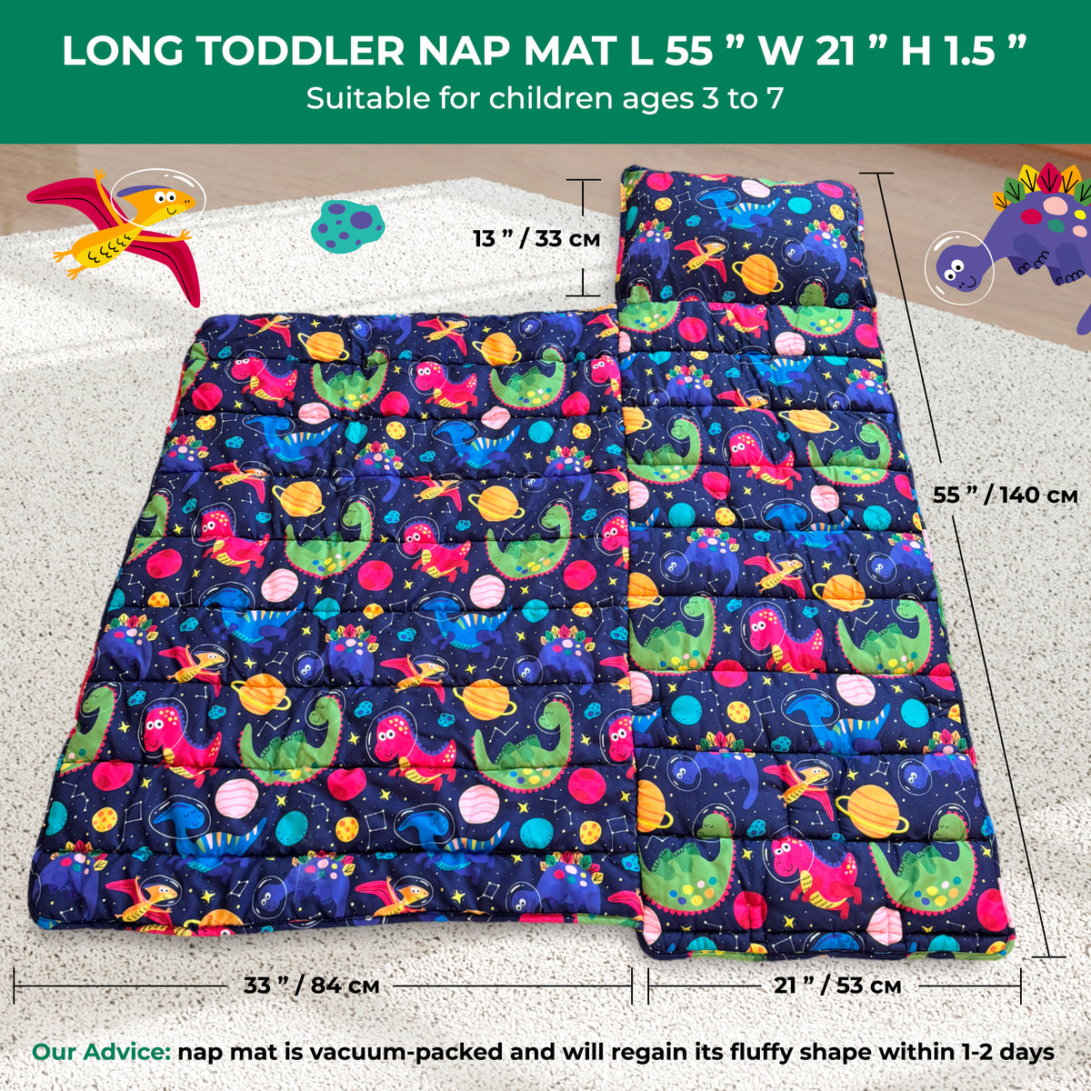 Toddler Nap Mat with Removable Pillow, Wide Blanket | 55" х 21" | Age 3-7 | Funny Dino
