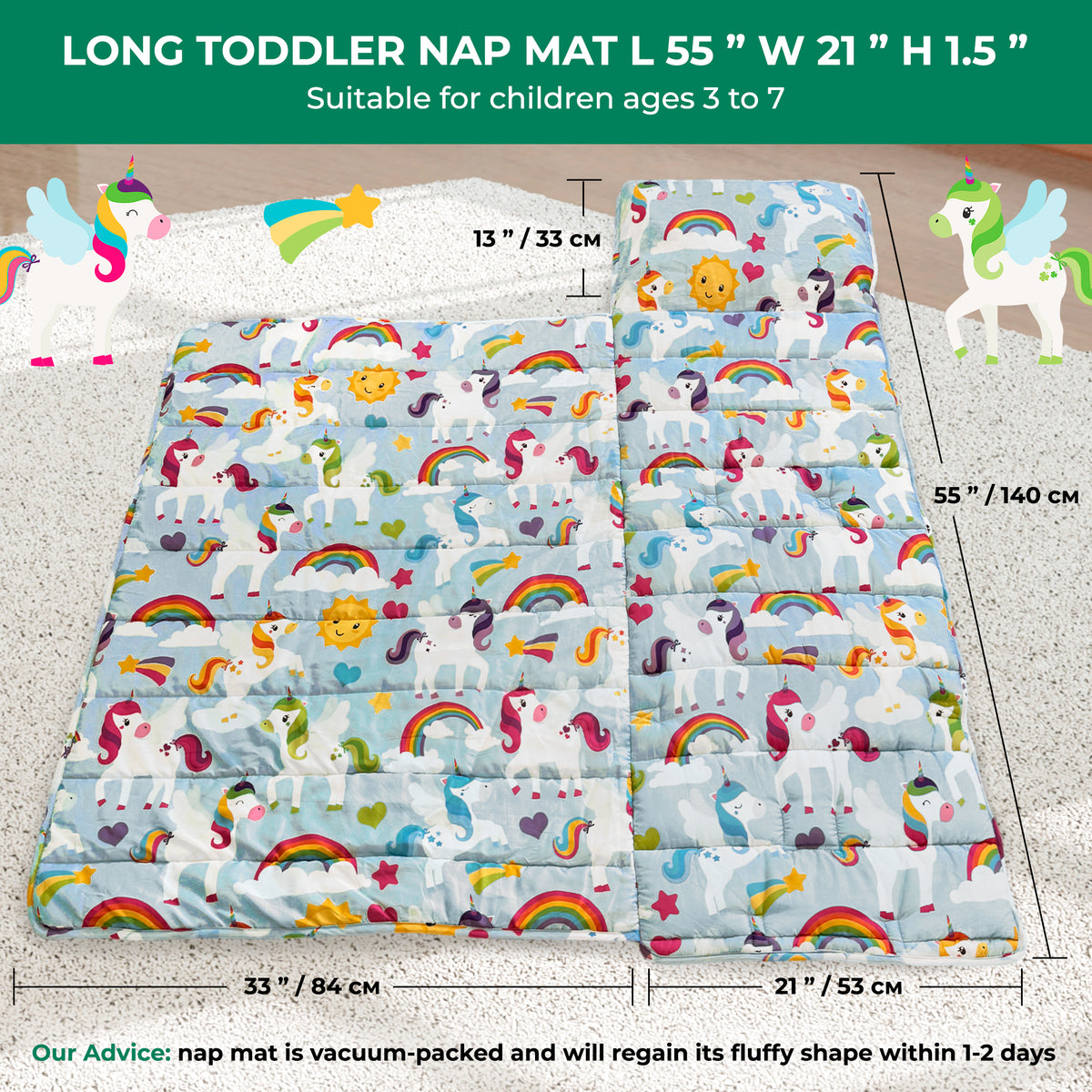 Toddler Nap Mat with Removable Pillow, Wide Blanket | 55" х 21" | Age 3-7 | Unicorns