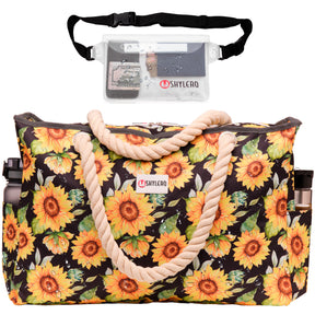 Beach Bag and Pool Bag | Water Repellent | Top YKK® Zip | Family Size | L22" x H15" x W6" | Blooming Sunflowers