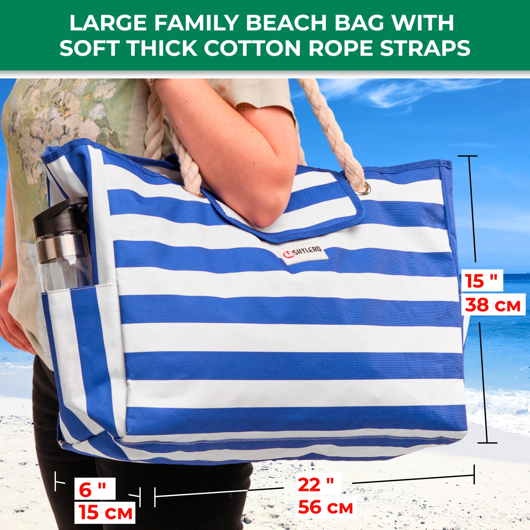 Beach Bag and Pool Bag | Water Repellent | Top Magnet | Family Size XXL | L22" x H15" x W6" | Dark Blue Shrimp