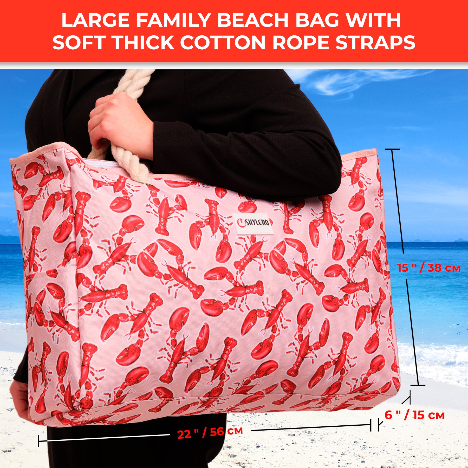 Beach Bag and Pool Bag | Water Repellent | Top YKK® Zip | Family Size | L22" x H15" x W6" | Lobsters