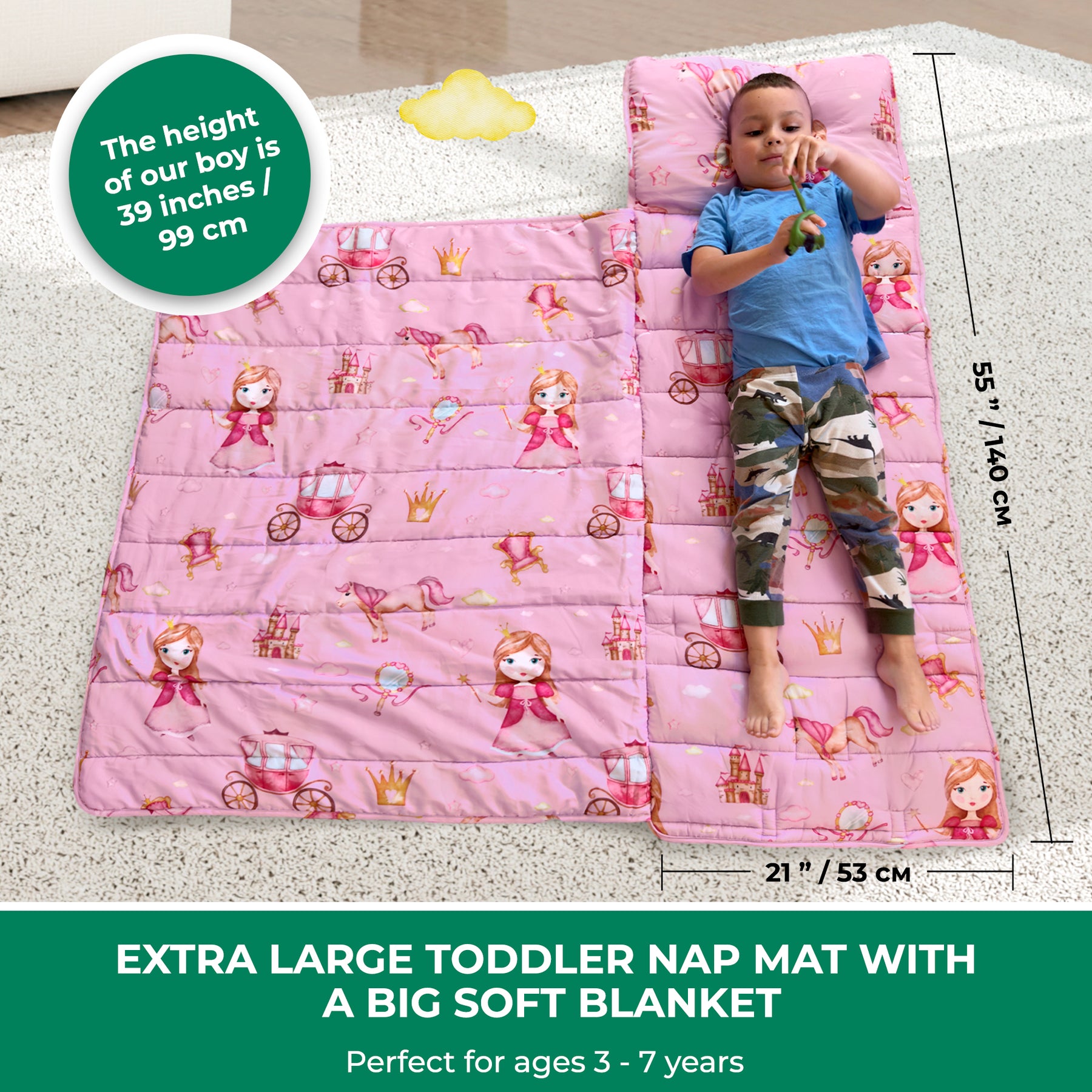 Toddler Nap Mat with Removable Pillow, Wide Blanket | 55" х 21" | Age 3-7 | Little Princess
