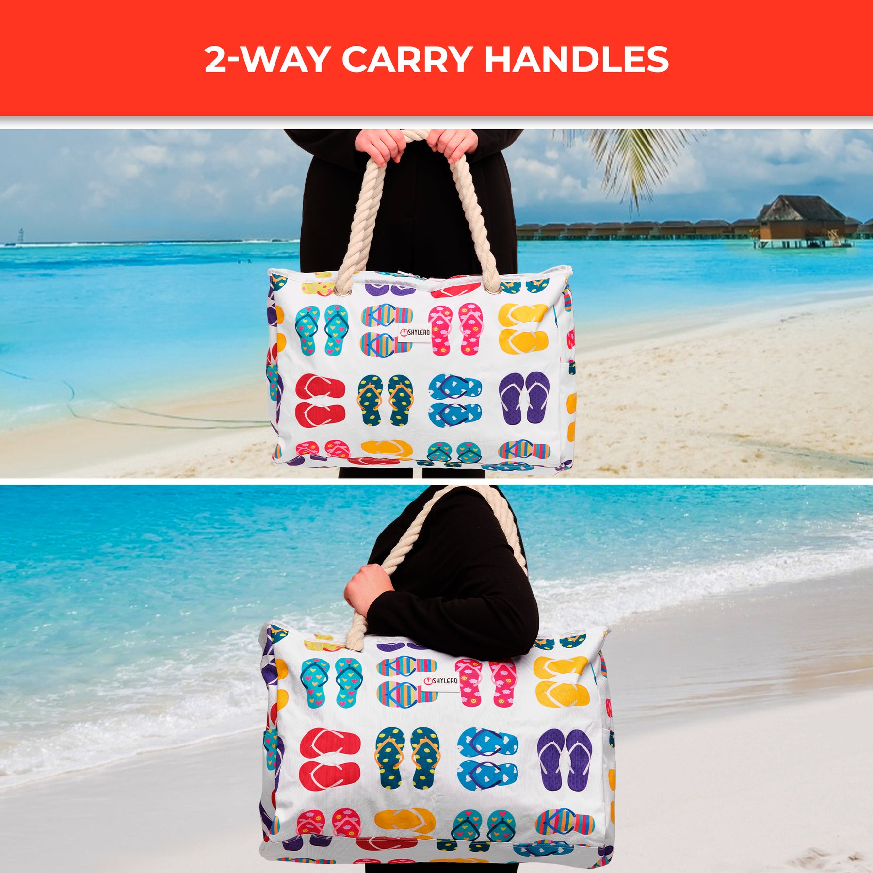 Beach Bag and Pool Bag | Water Repellent | Top YKK® Zip | Family Size | L22" x H15" x W6" | Funky Flip Flops