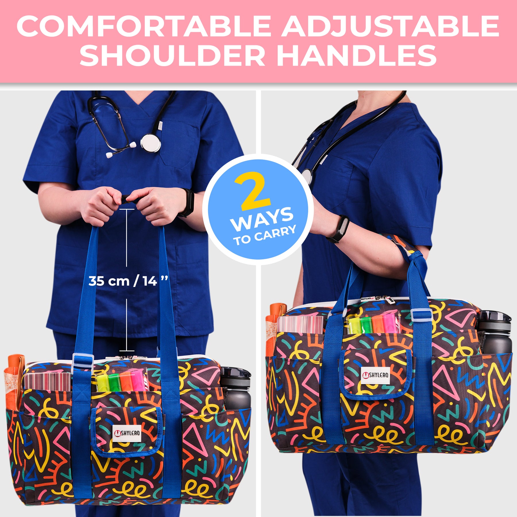 Nurse Bag and Utility Tote | Waterproof | Top YKK® Zip | L18" x H14" x W7" (46x18x36cm) | Colorful Lines