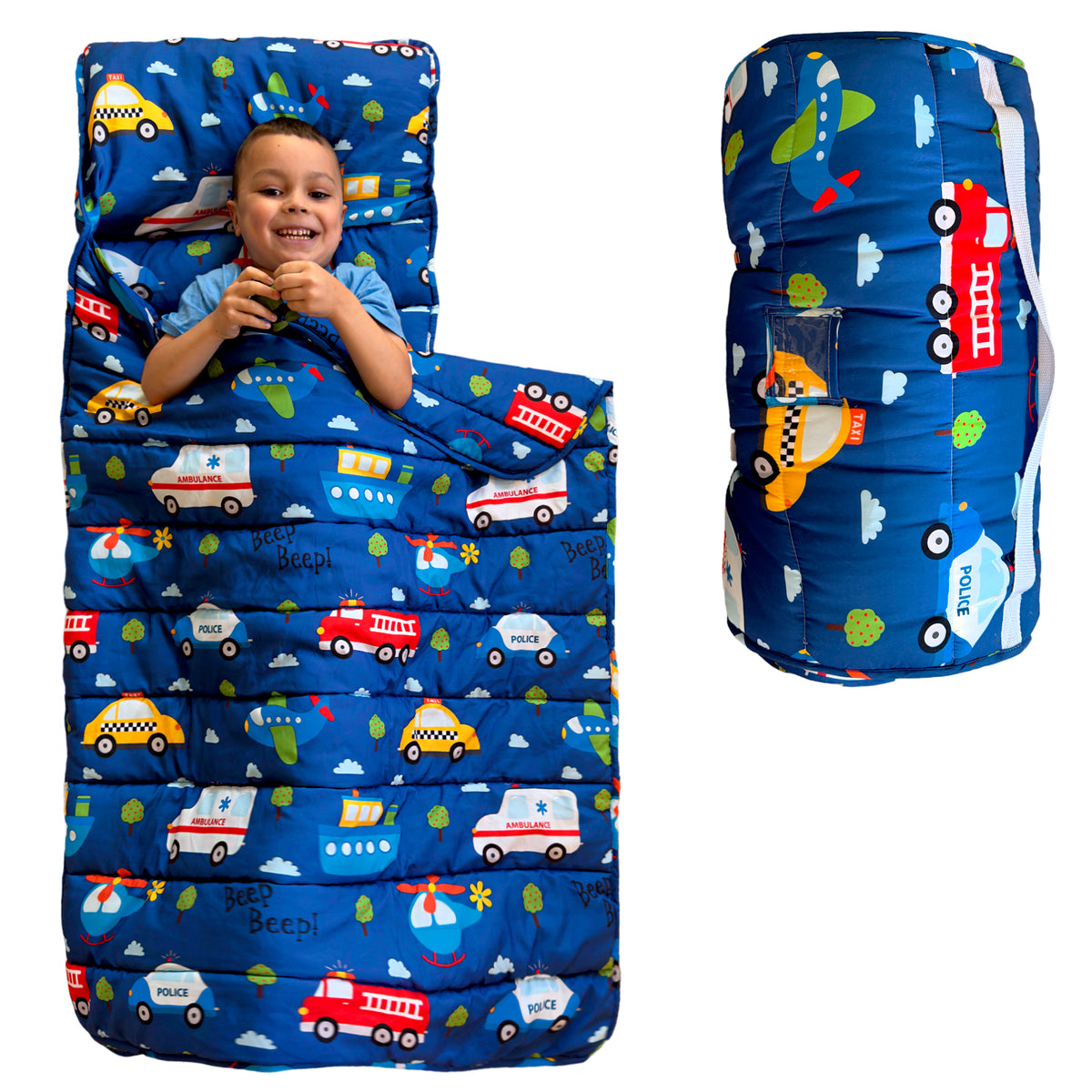 Toddler Nap Mat with Removable Pillow, Wide Blanket | 55" х 21" | Age 3-7 | Little Cars