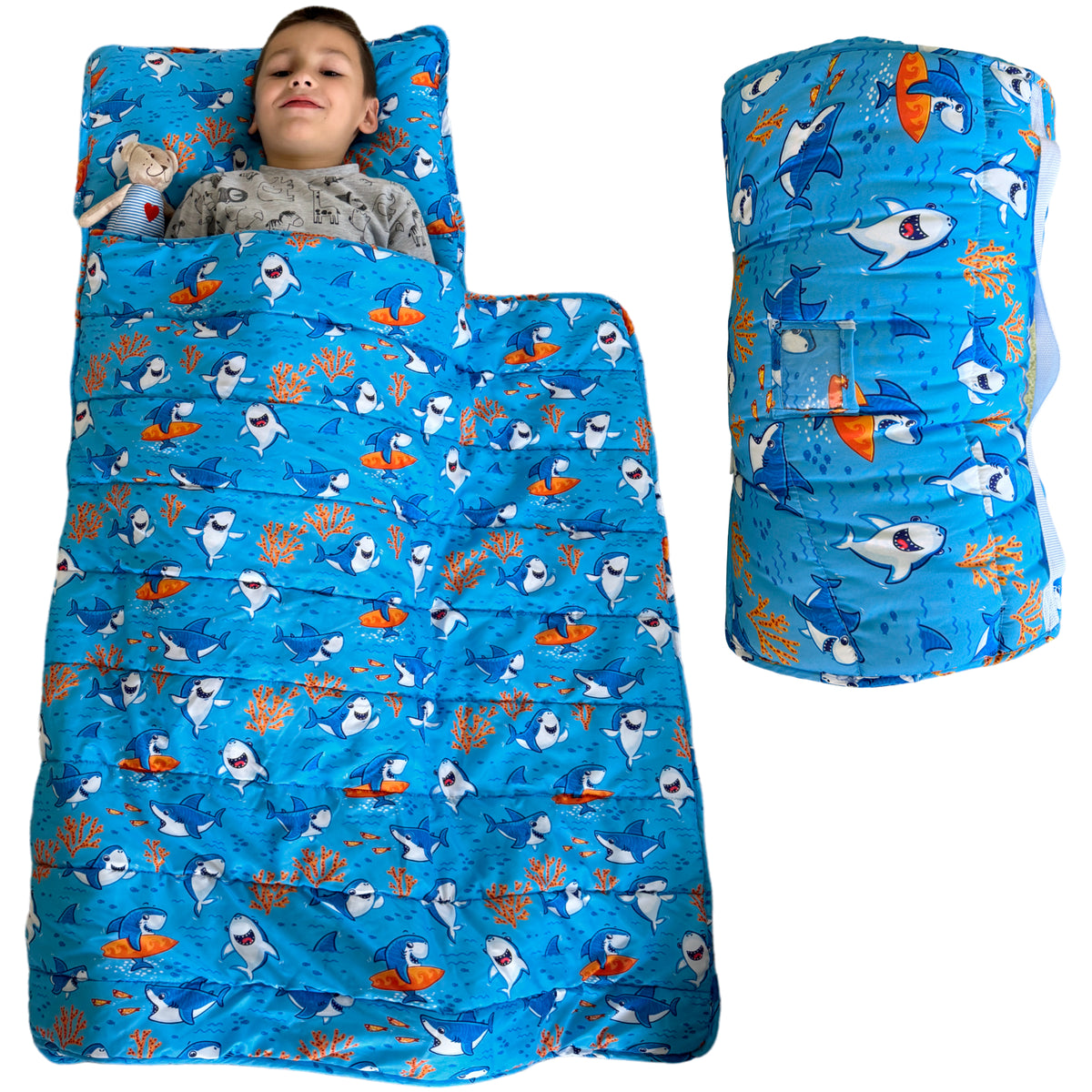Toddler Nap Mat with Removable Pillow, Wide Blanket | 55" х 21" | Age 3-7 | Happy Shark