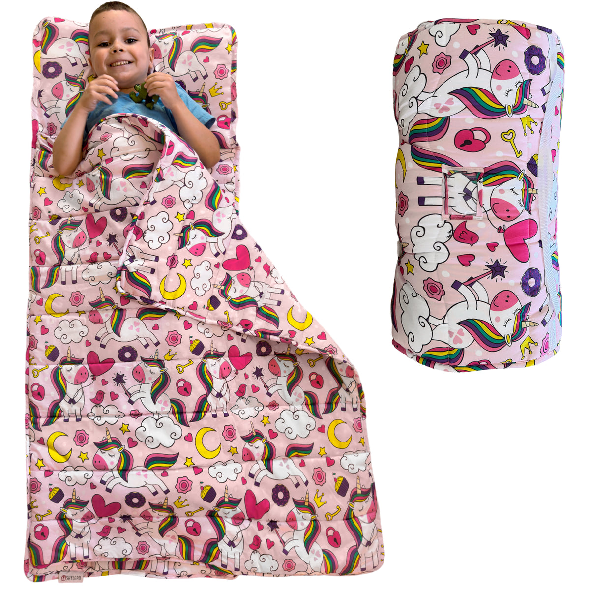 Toddler Nap Mat with Removable Pillow, Wide Blanket | 55" х 21" | Age 3-7 | Pink Unicorn