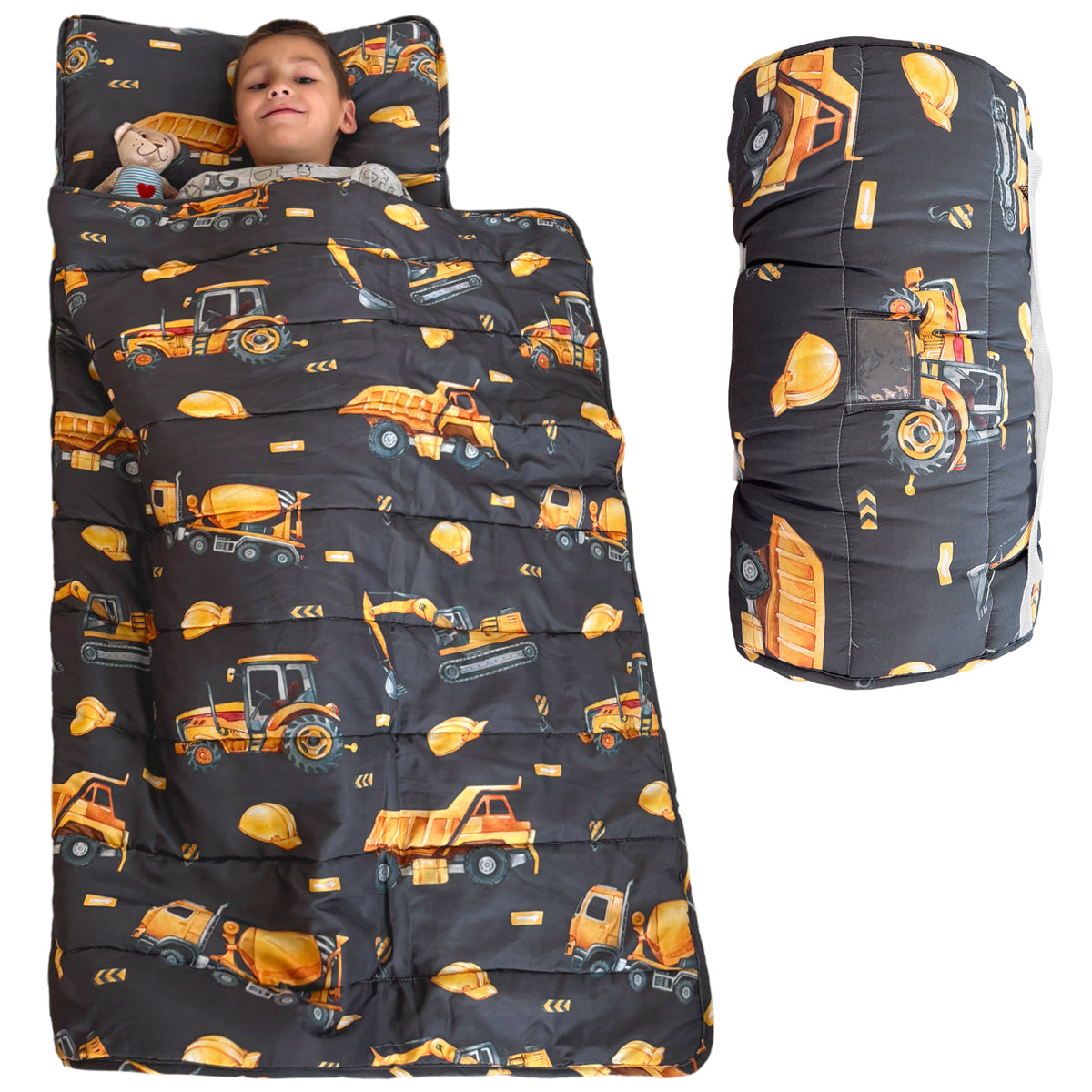 Toddler Nap Mat with Removable Pillow, Wide Blanket | 55" х 21" | Age 3-7 | Construction