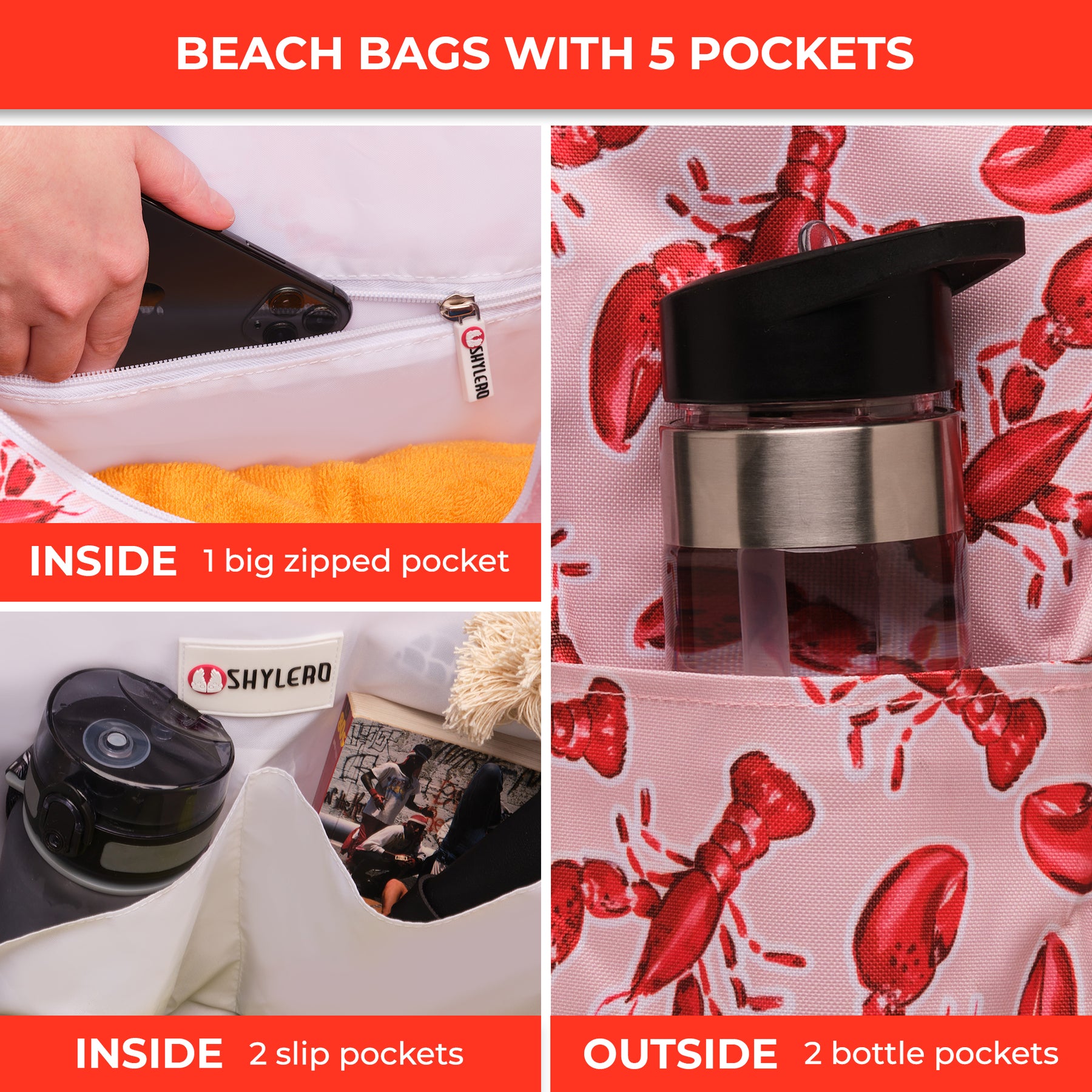 Beach Bag and Pool Bag | Water Repellent | Top YKK® Zip | Family Size | L22" x H15" x W6" | Lobsters