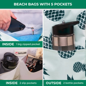 Beach Bag and Pool Bag | Water Repellent | Top YKK® Zip | Family Size | L22" x H15" x W6" | Green Pineapples