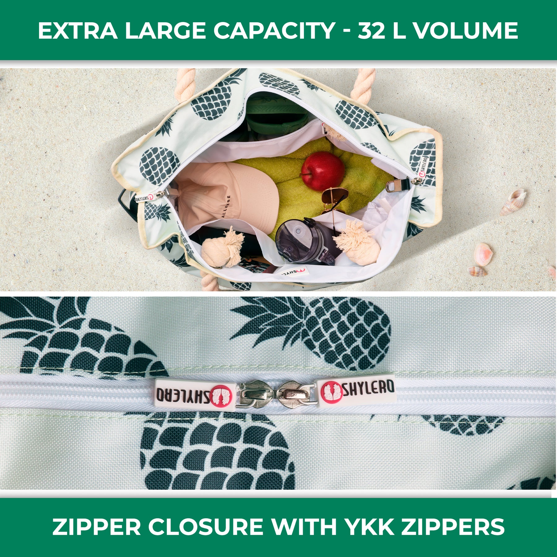 Beach Bag and Pool Bag | Water Repellent | Top YKK® Zip | Family Size | L22" x H15" x W6" | Green Pineapples