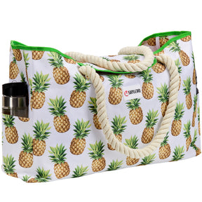 Beach Bag and Pool Bag | Water Repellent | Top Magnet | Family Size XXL | L22" x H15" x W6" | White With Pineapples