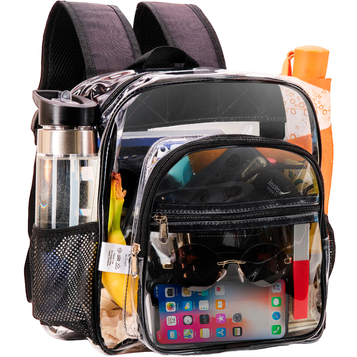 Clear PVC Backpack Stadium Approved | S | 2-WAY Zip | H11.8''xW11''xD6''| Black