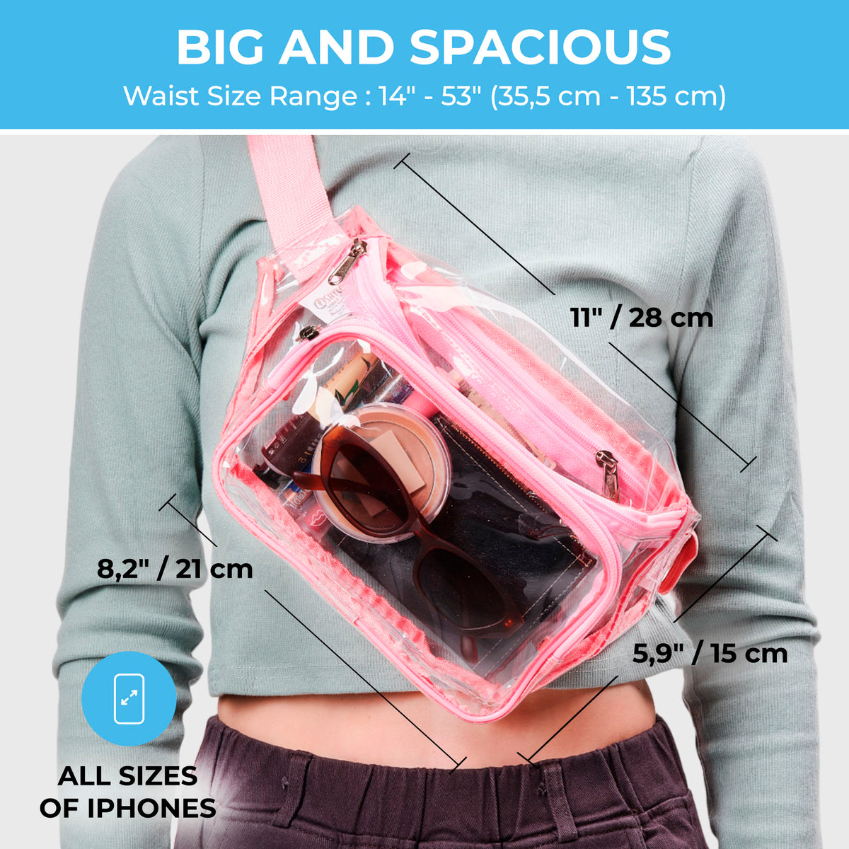 Clear Fanny Pack Stadium Approved | Top YKK® Zip | XL Size Friendly | 11’x5.9’x3.6’ | Pink