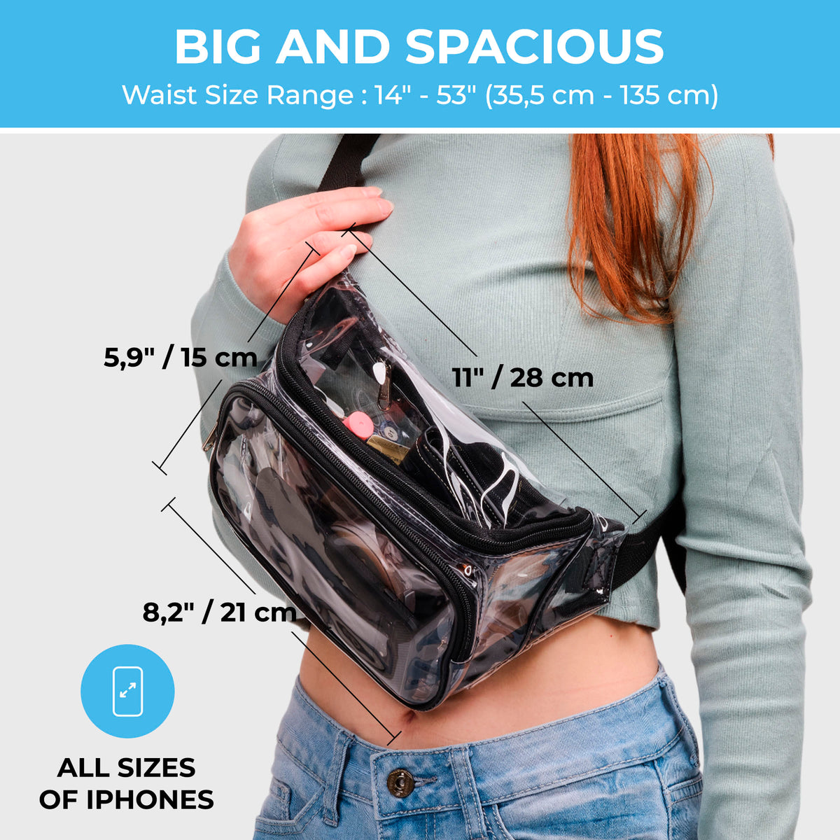 Clear Fanny Pack Stadium Approved | Top YKK® Zip | XL Size Friendly | 11’x5.9’x3.6’ | Black
