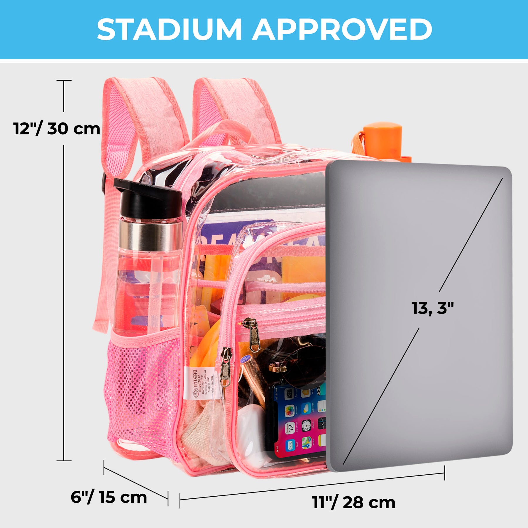 Clear PVC Backpack Stadium Approved | S | 2-WAY Zip | H11.8''xW11''xD6''| Pink
