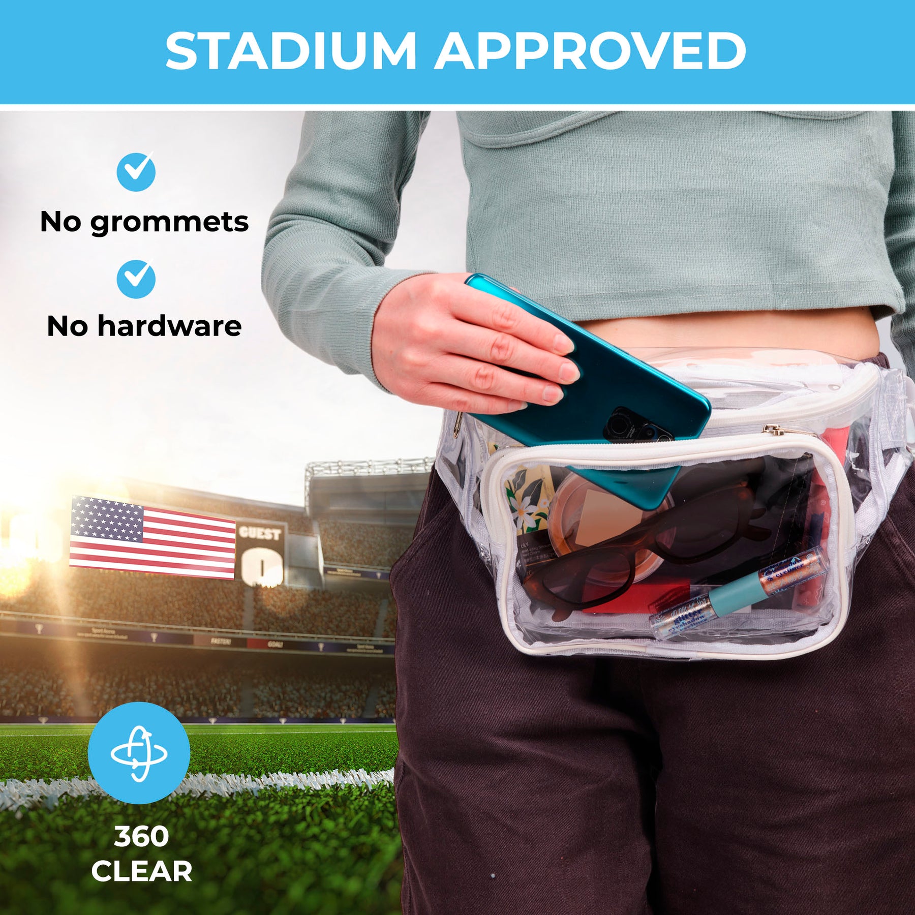 Clear Fanny Pack Stadium Approved | Top YKK® Zip | XL Size Friendly | White