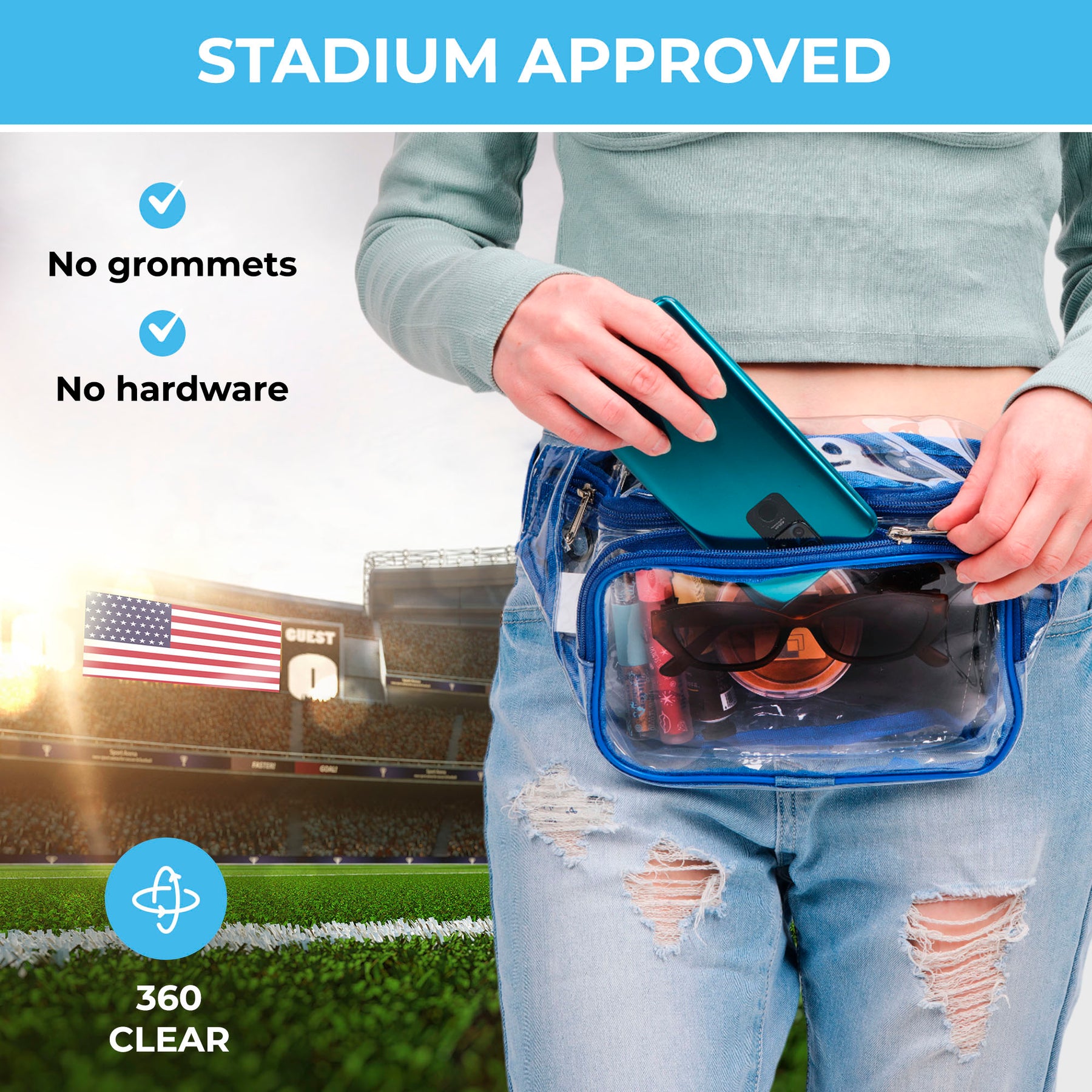 Clear Fanny Pack Stadium Approved | Top YKK® Zip | XL Size Friendly | Blue