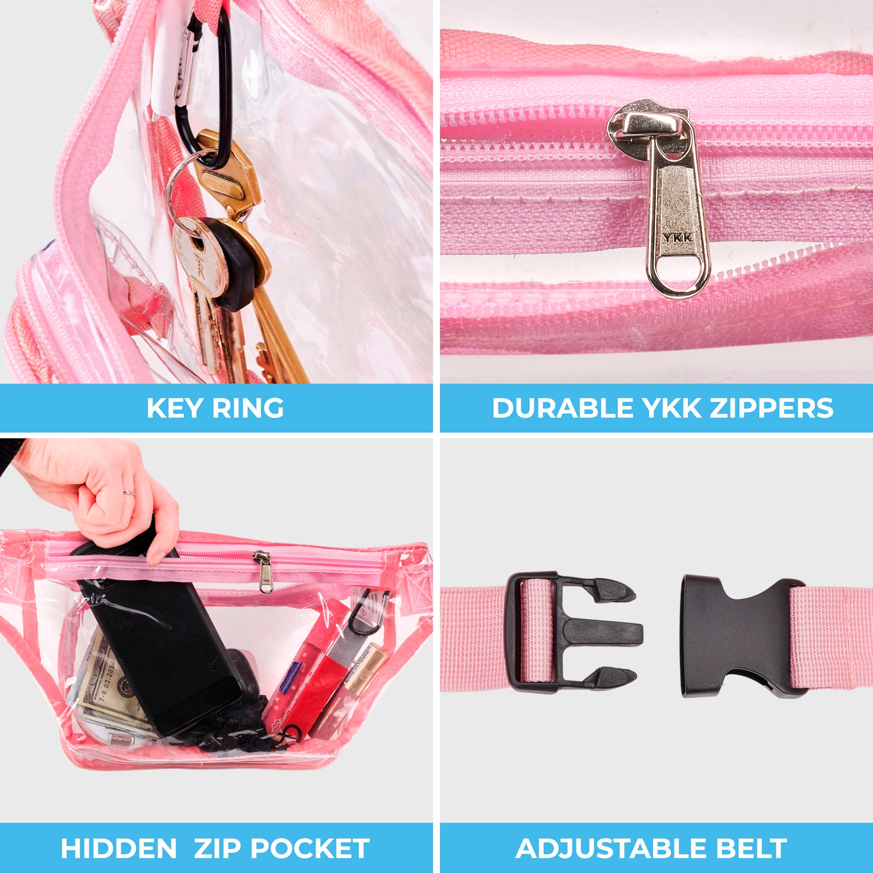 Clear Fanny Pack Stadium Approved | Top YKK® Zip | XL Size Friendly | Pink