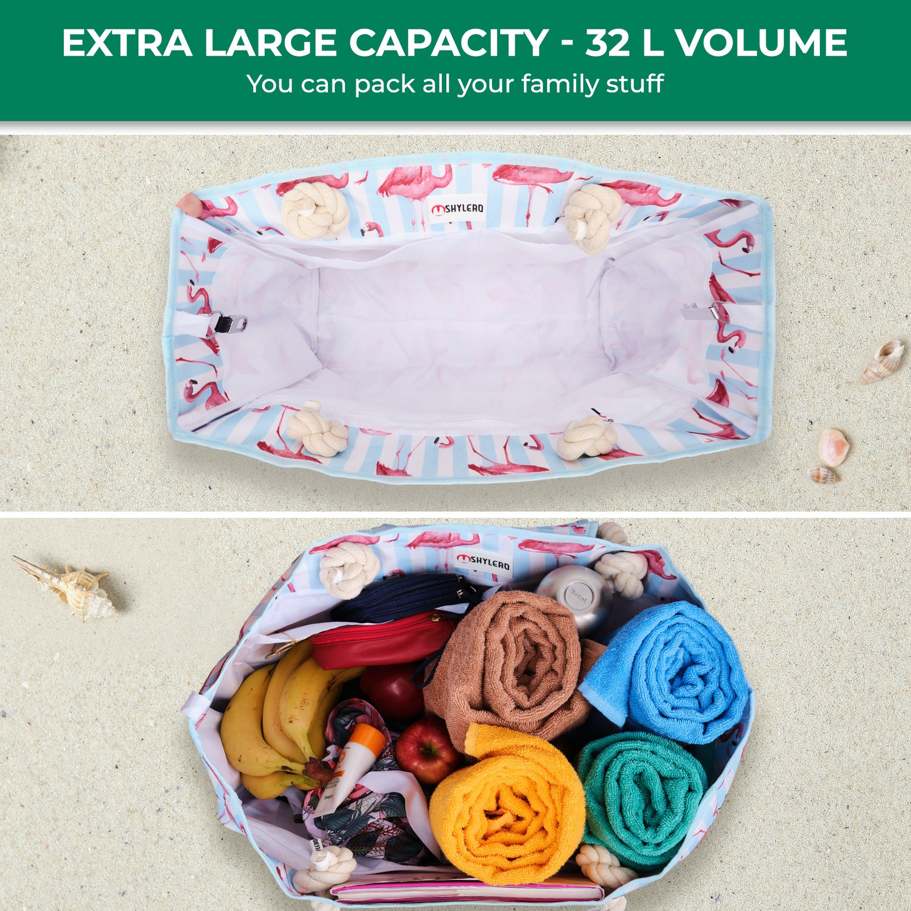 Beach Bag and Pool Bag | Water Repellent | Top Magnet | Family Size XXL | L22" x H15" x W6" | Pink Flamingo