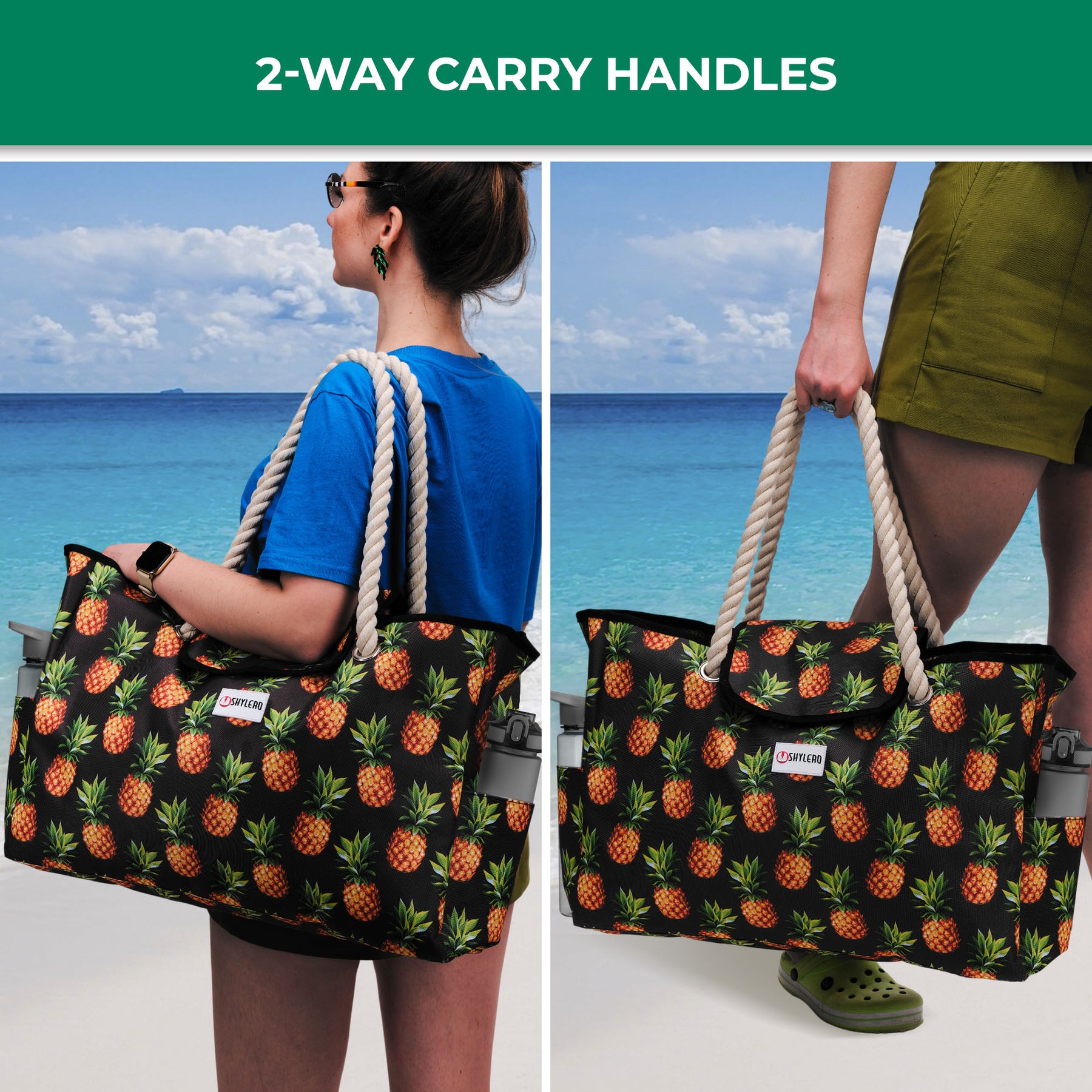 Beach Bag and Pool Bag | Water Repellent | Top Magnet | Family Size XXL | L22" x H15" x W6" | Black With Pineapples