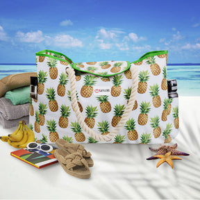 Beach Bag and Pool Bag | Water Repellent | Top Magnet | Family Size XXL | L22" x H15" x W6" | White With Pineapples
