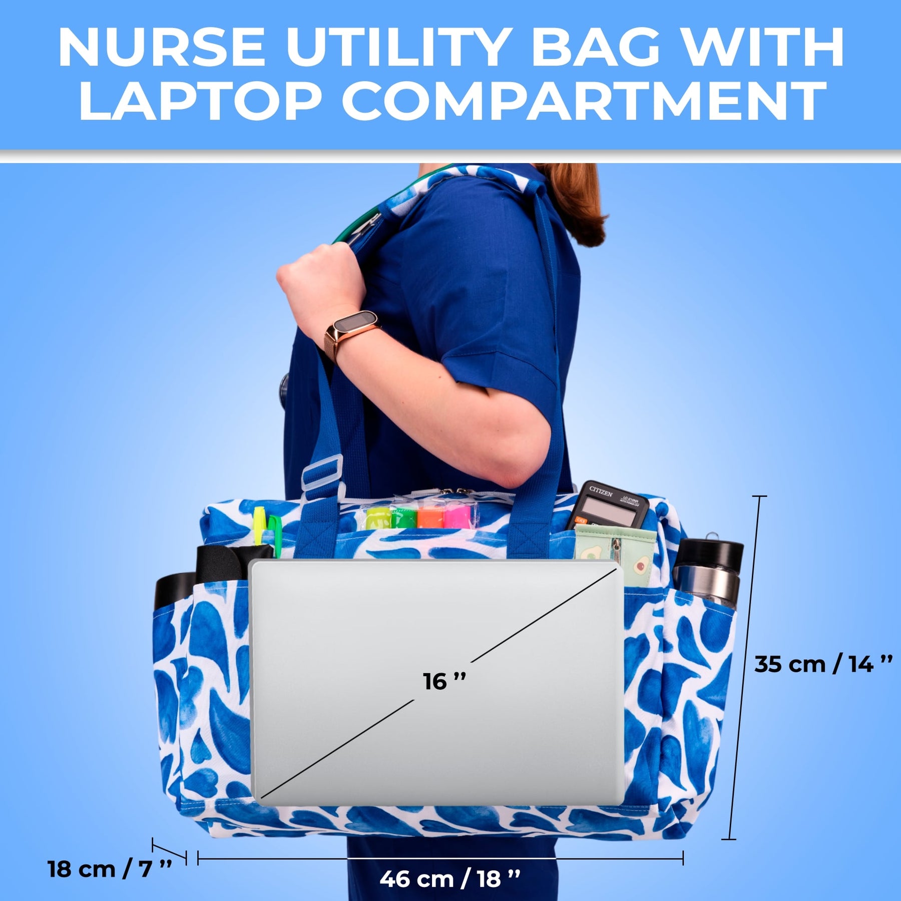 Nurse Bag and Utility Tote | Waterproof | Top YKK® Zip | L18" x H14" x W7" (46x18x36cm) | Blue Hearts