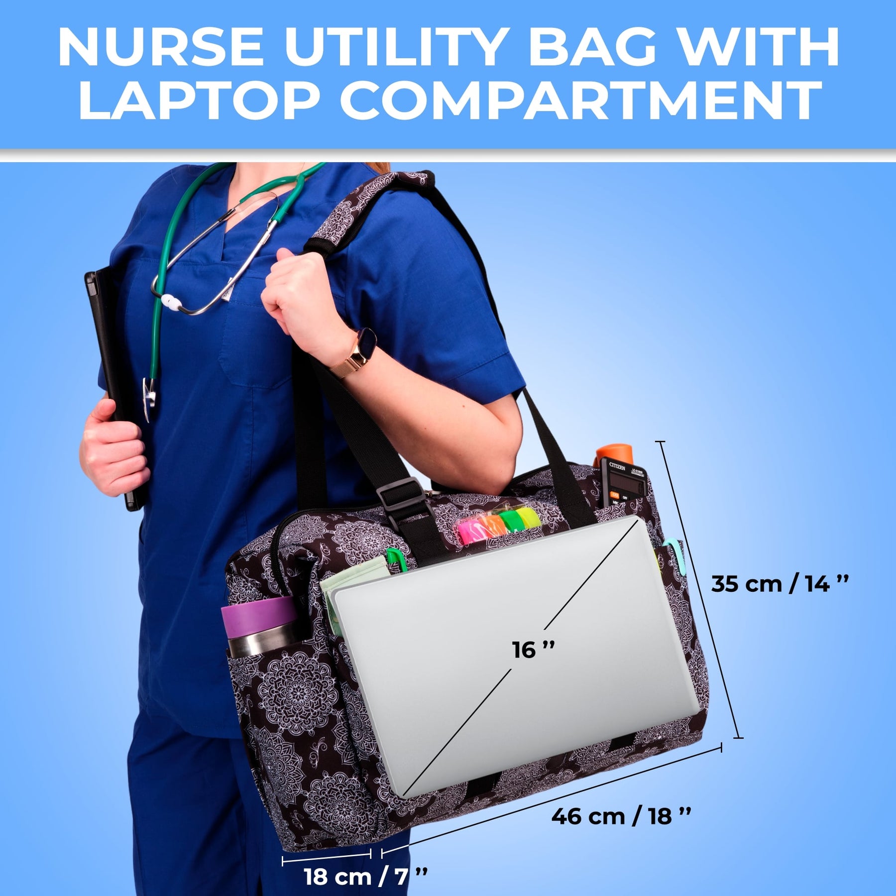 Nurse Bag and Utility Tote | Waterproof | Top YKK® Zip | L18" x H14" x W7" (46x18x36cm) | Snowflakes