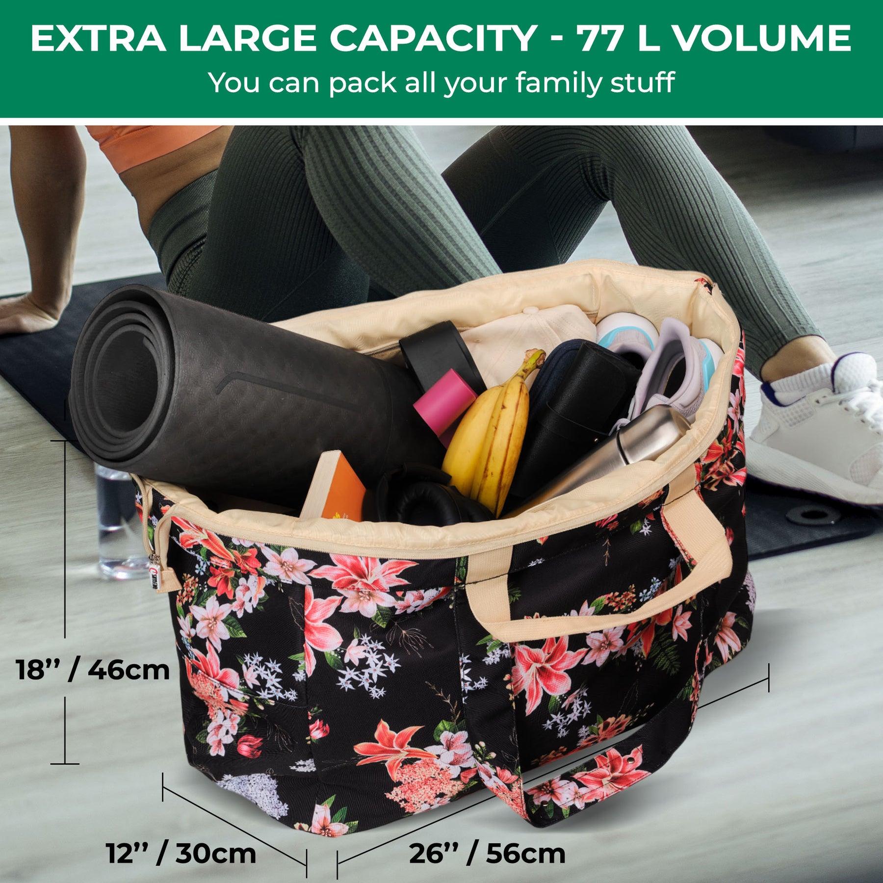 Weekender Bag | Top YKK® Zip | L26"xH18"xW12" | Black Flower