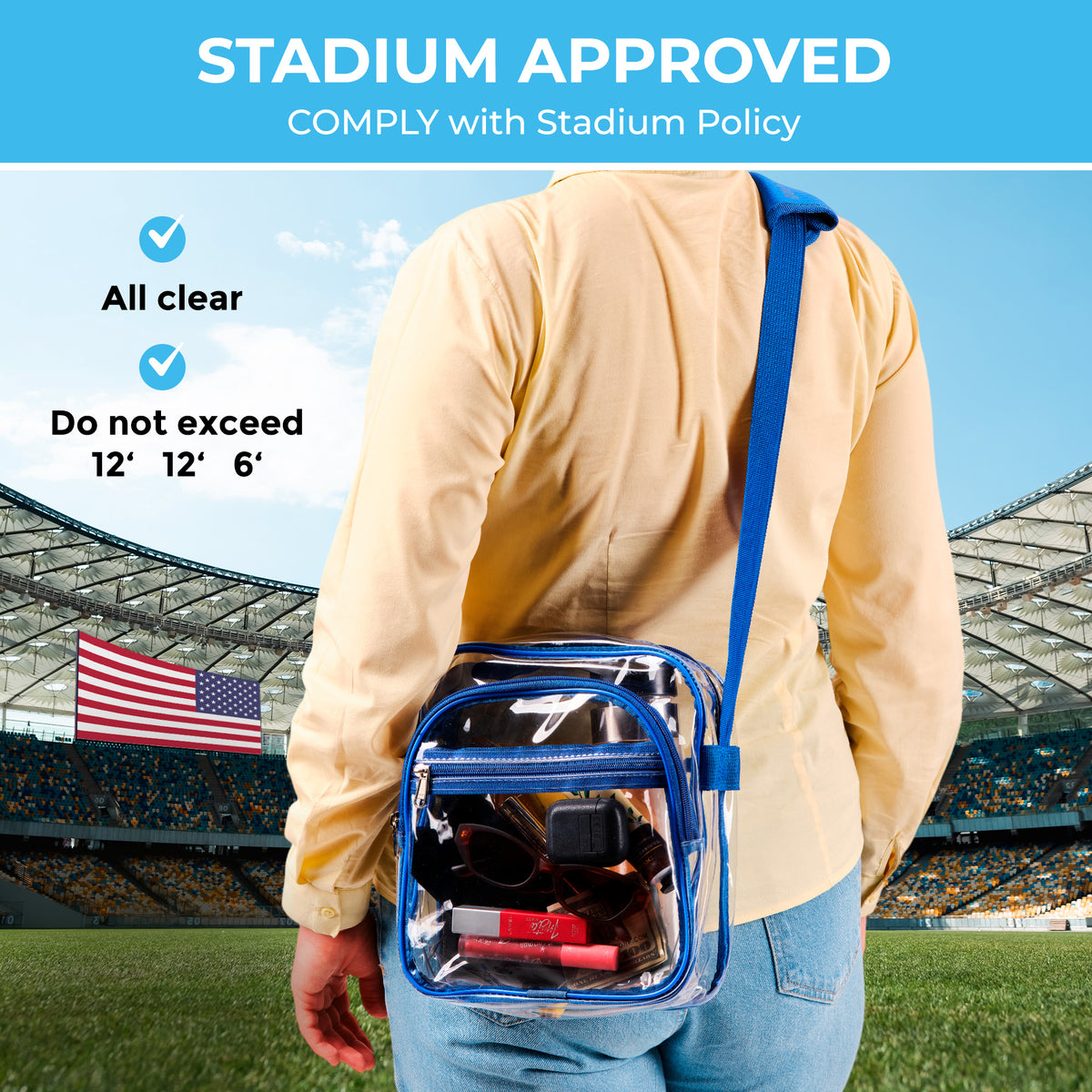 Clear Messenger Bag Stadium Approved | Top YKK® Zip | Blue