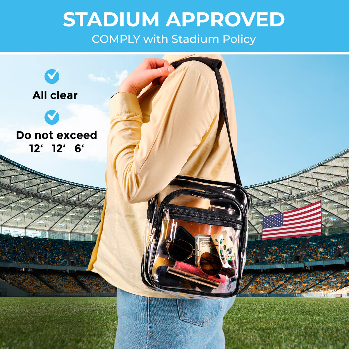 Clear Messenger Bag Stadium Approved | Top YKK® Zip | Black
