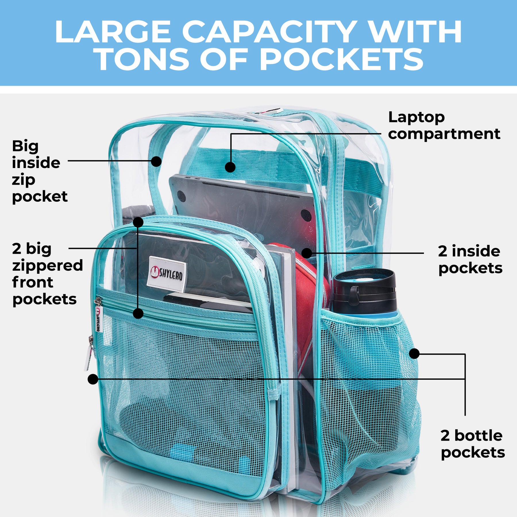 Clear Backpack For Work and School Backpack XL | TSA Lock | H18" x W14" x D8" (45cm x 35cm x 20cm) | 32 L | Turquoise  Rhino