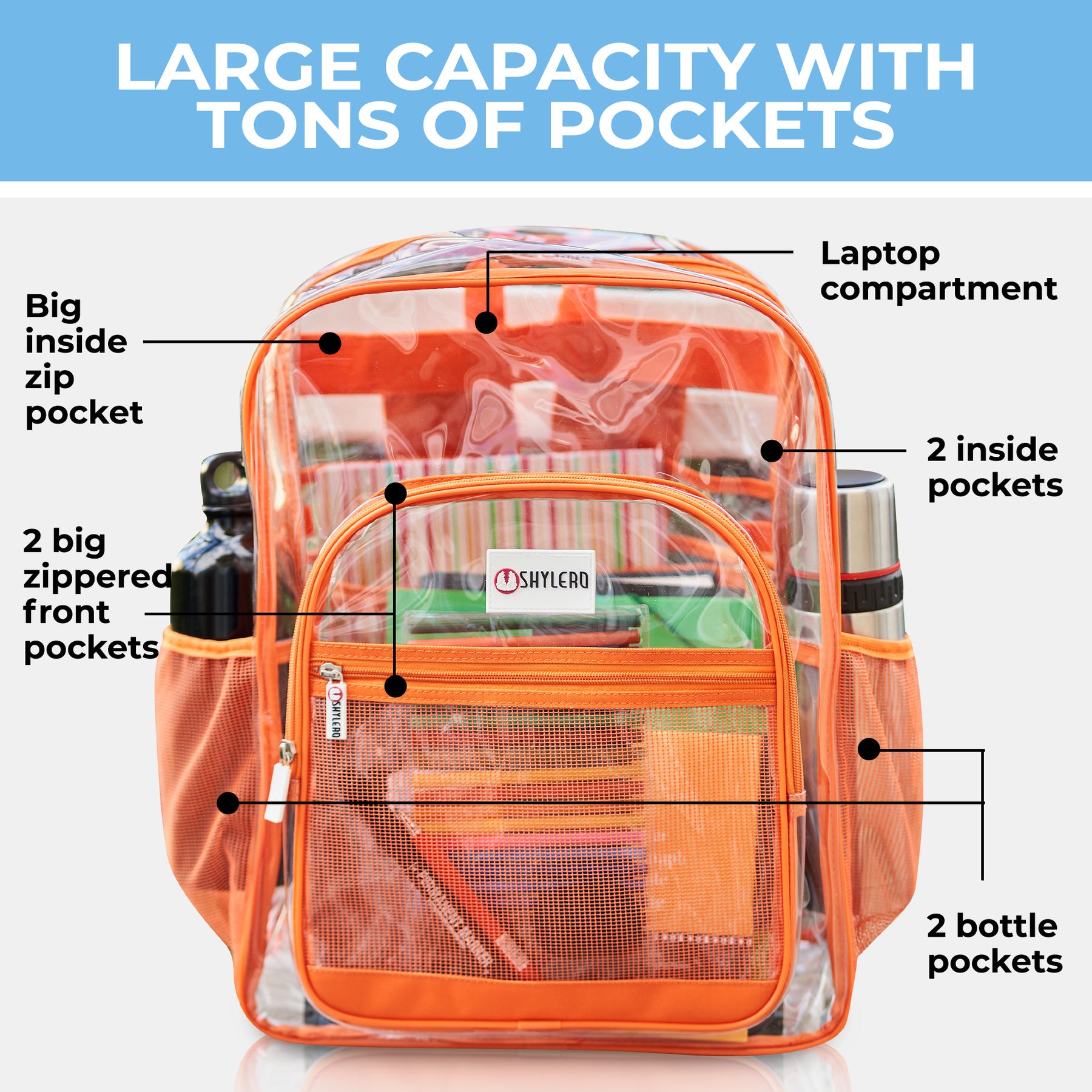 Clear Backpack For Work and School Backpack XL | TSA Lock | H18" x W14" x D8" (45cm x 35cm x 20cm) | 31.5 L | Orange Rhino