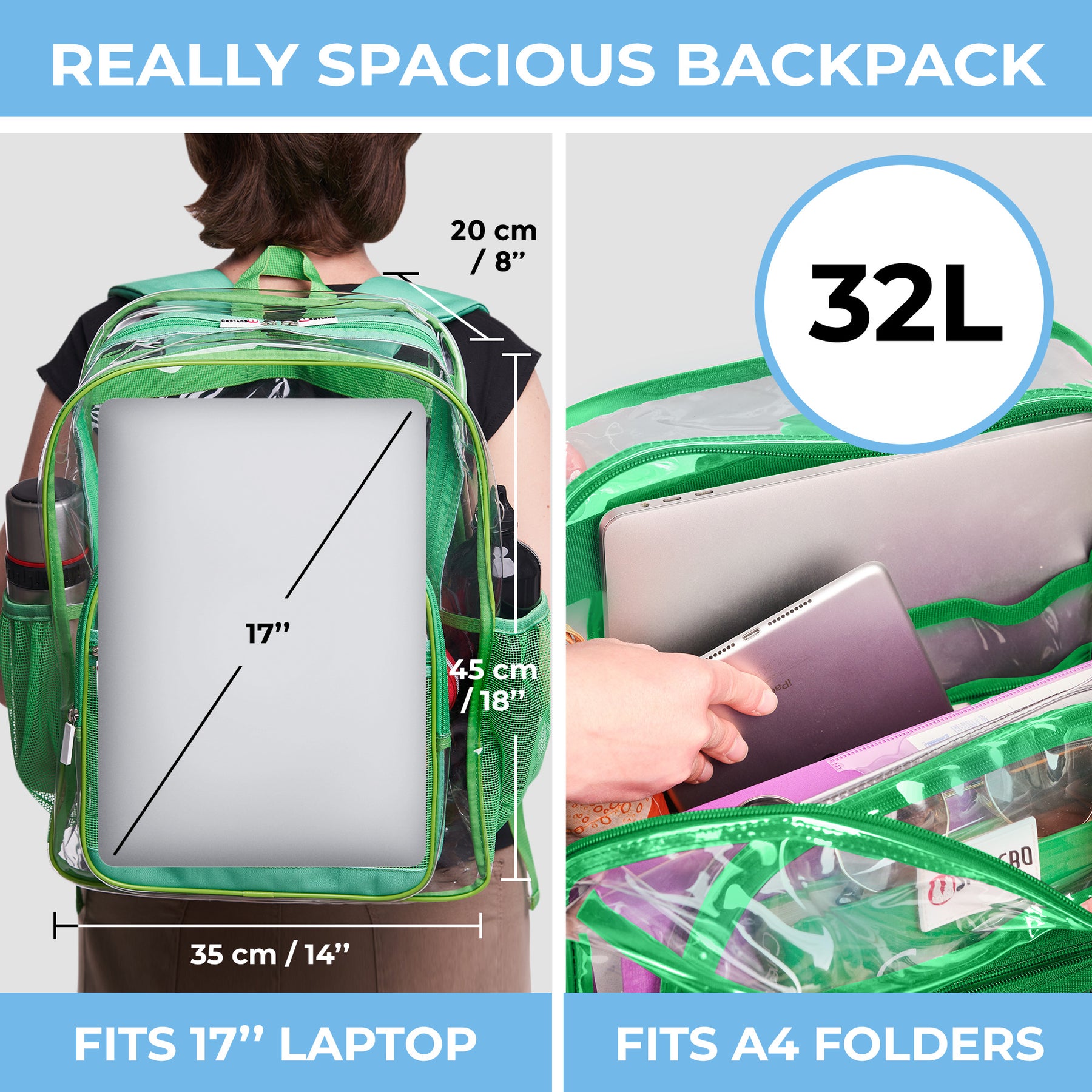 Clear Backpack For Work and School Backpack XL | TSA Lock | H18" x W14" x D8" (45cm x 35cm x 20cm) | 31.5 L | Green Rhino
