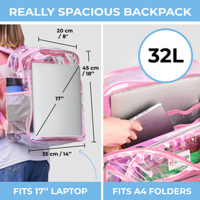 Clear Backpack For Work and School Backpack XL | TSA Lock | H18" x W14" x D8" (45cm x 35cm x 20cm) | 31.5 L | Pink Rhino